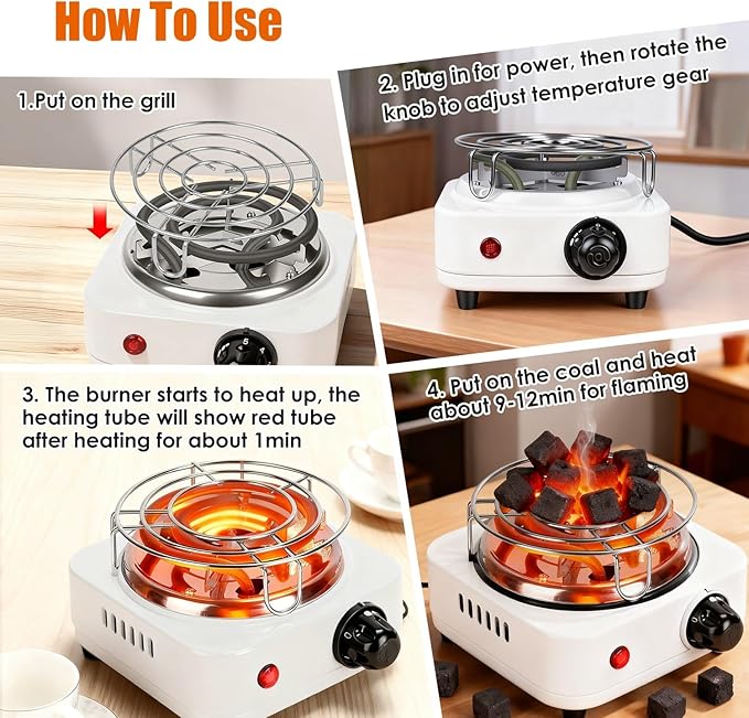 Electric Charcoal Burner Stove, 500W Hookah Single Coil Hot Plate Starter with Grill Tongs, 5-Level Temp, Smart Heat Control & Stainless Steel Fast Heating for Cooking top Countertop(White)