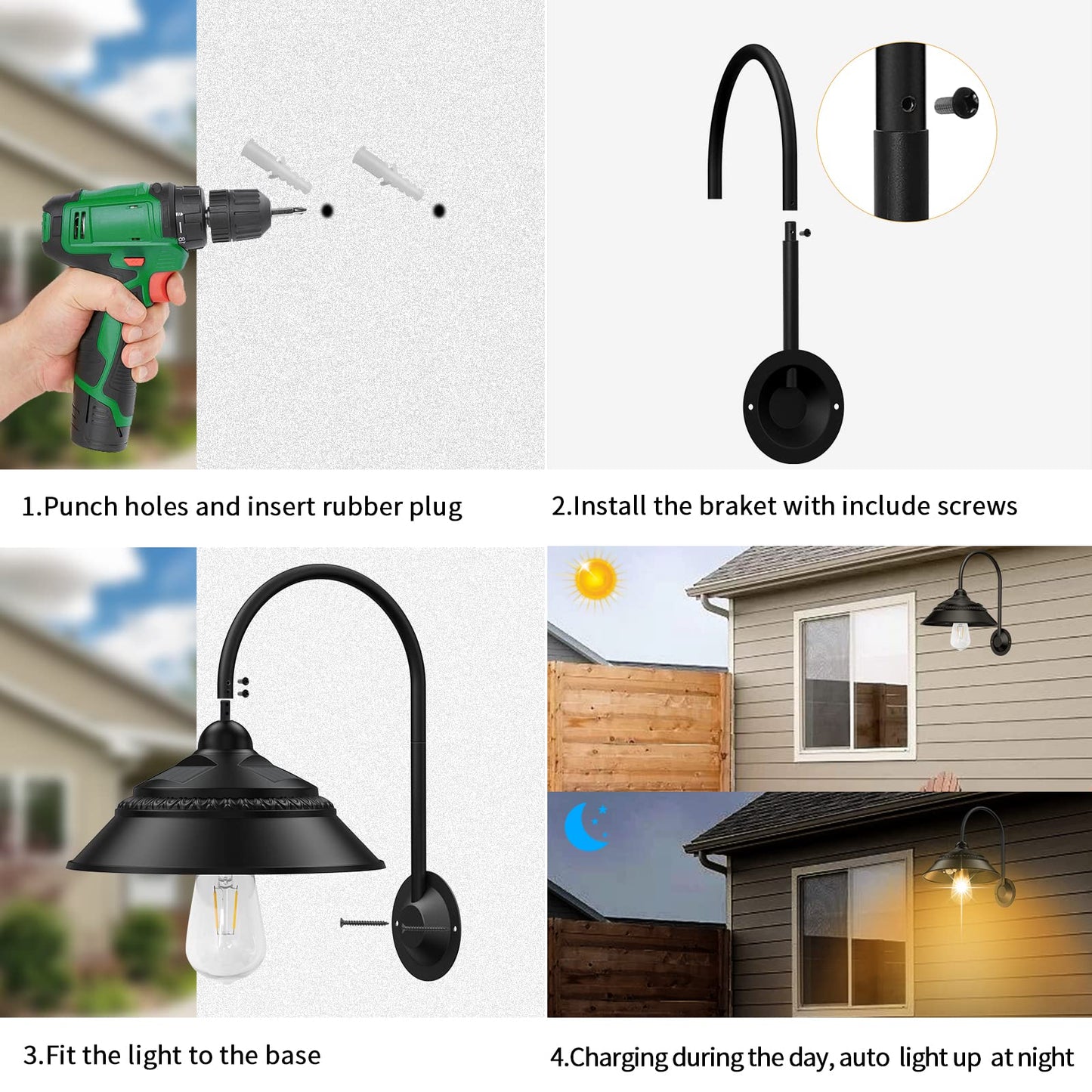 Ufelizor Solar Barn Light - Retro Wall Mount Sconce With 3 Modes, Motion Sensor, Waterproof, Black, Model Uf001