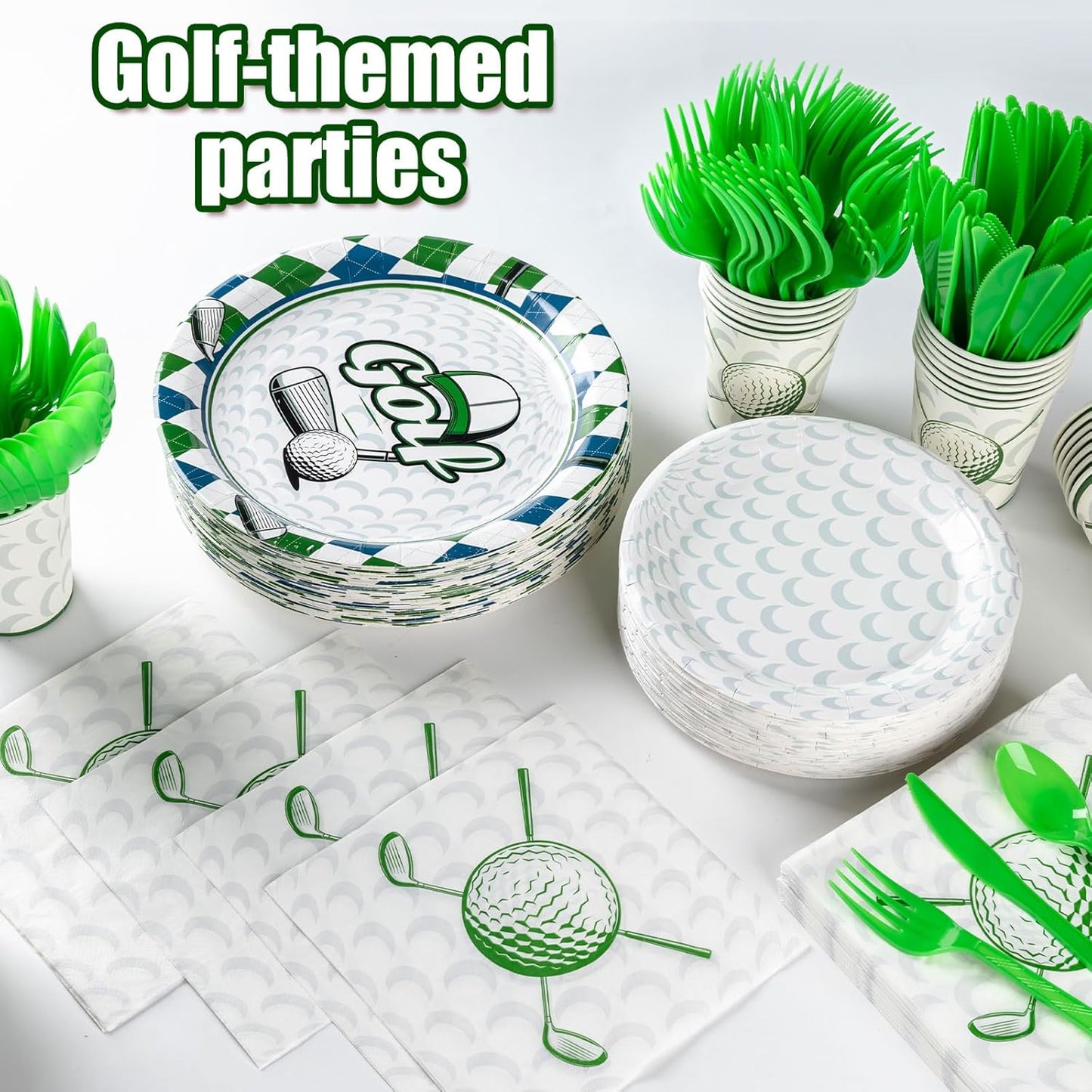Golf Party Decorations Set for 50 Guests, 350 Pieces, Plates, Cups, Napkins, Cutlery, Green and White