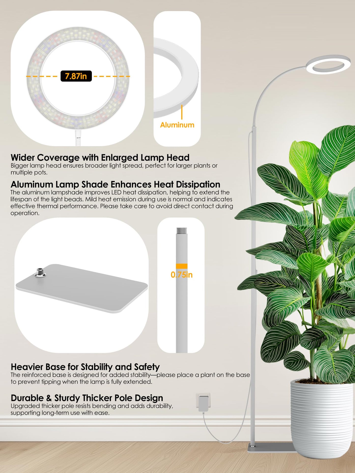 Glowrium Grow Lights For Indoor Plants  24W Full Spectrum Led Grow Light  Stepless Dimming 3 Lighting Mode And Adjustable Height  Plant Light With 3/9/12/16H Timer (White  24W)