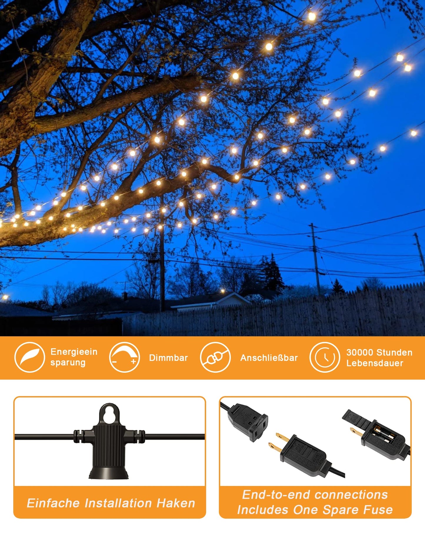 Zuske Outdoor String Lights, 200FT Connectable Dimmable LED with 100 Shatterproof G40 Bulbs, Waterproof, Black