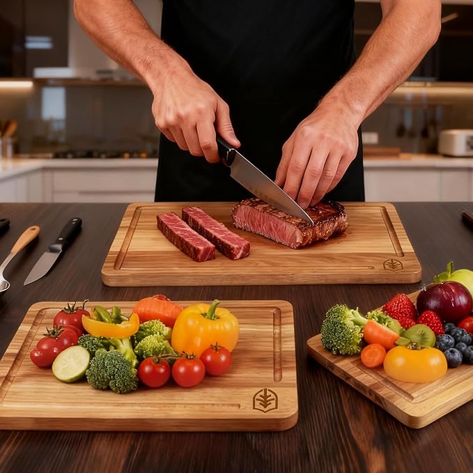 3 PCS Cutting Boards for Kitchen, Premium Acacia Wooden Cutting Board Set with Built-In Handle and Juice Groove, Charcuterie & Chopping Butcher Block for Meat, Vegetables, Fruits (Brown)