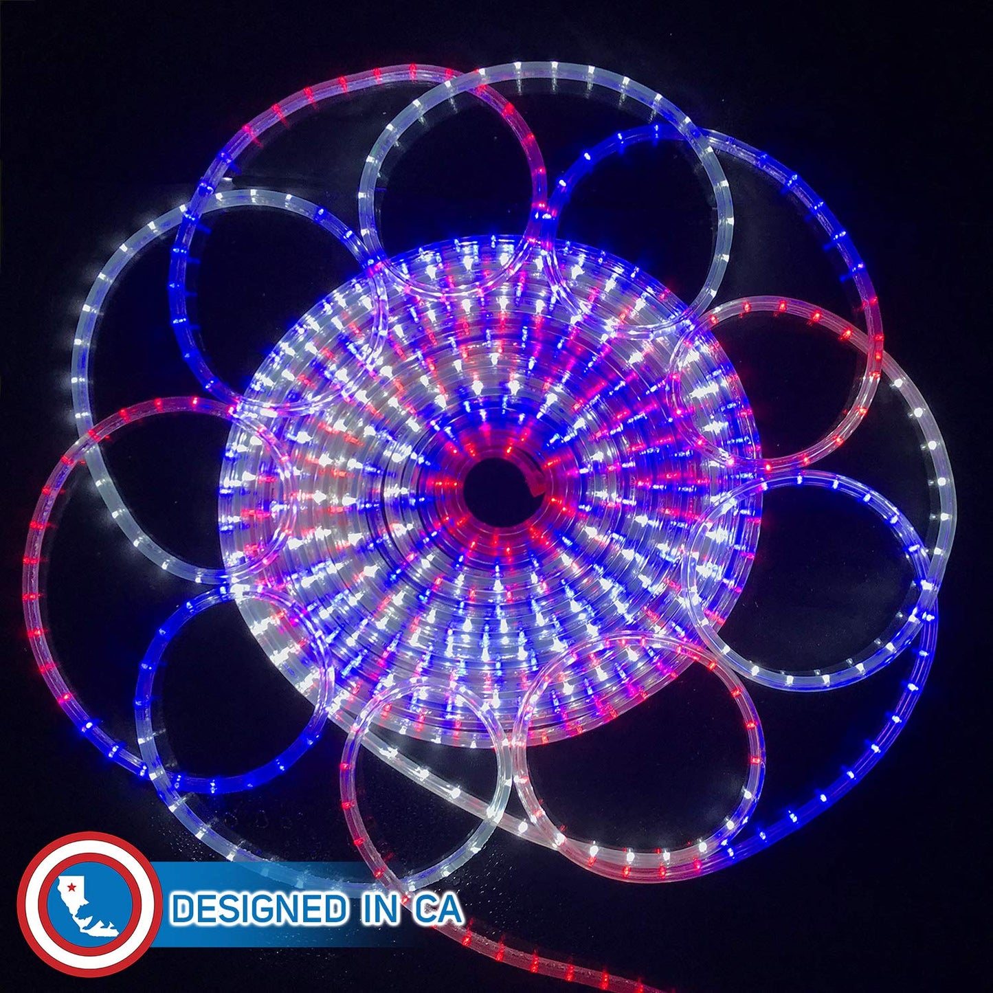 Russell Decor LED Rope Lights Kit, 30ft, Red White Blue, Indoor Outdoor Decorative Lighting, Model RDLEDRWBROPE30C