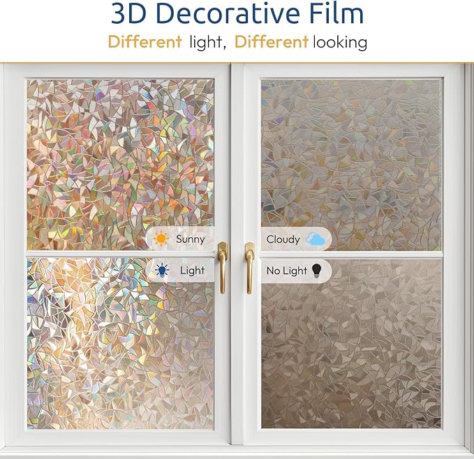 rabbitgoo Window Privacy Film Rainbow Film Decorative Window Sticker, 3D Static Stained Glass Cling Tint for Home Heat Control Non-Adhesive, Brown, 17.5 x 118.1 inches