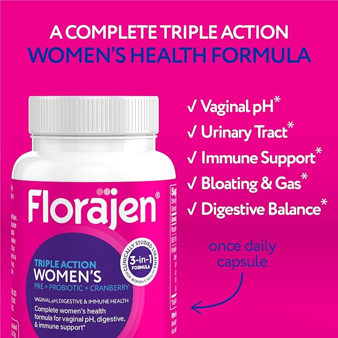 Florajen Women’s Triple Action Probiotic – Prebiotic + Probiotic + Cranberry for Vaginal, Digestive & Immune Support – Fast-Acting, Clinically Studied, Gluten-Free & Vegan, (30 Count)