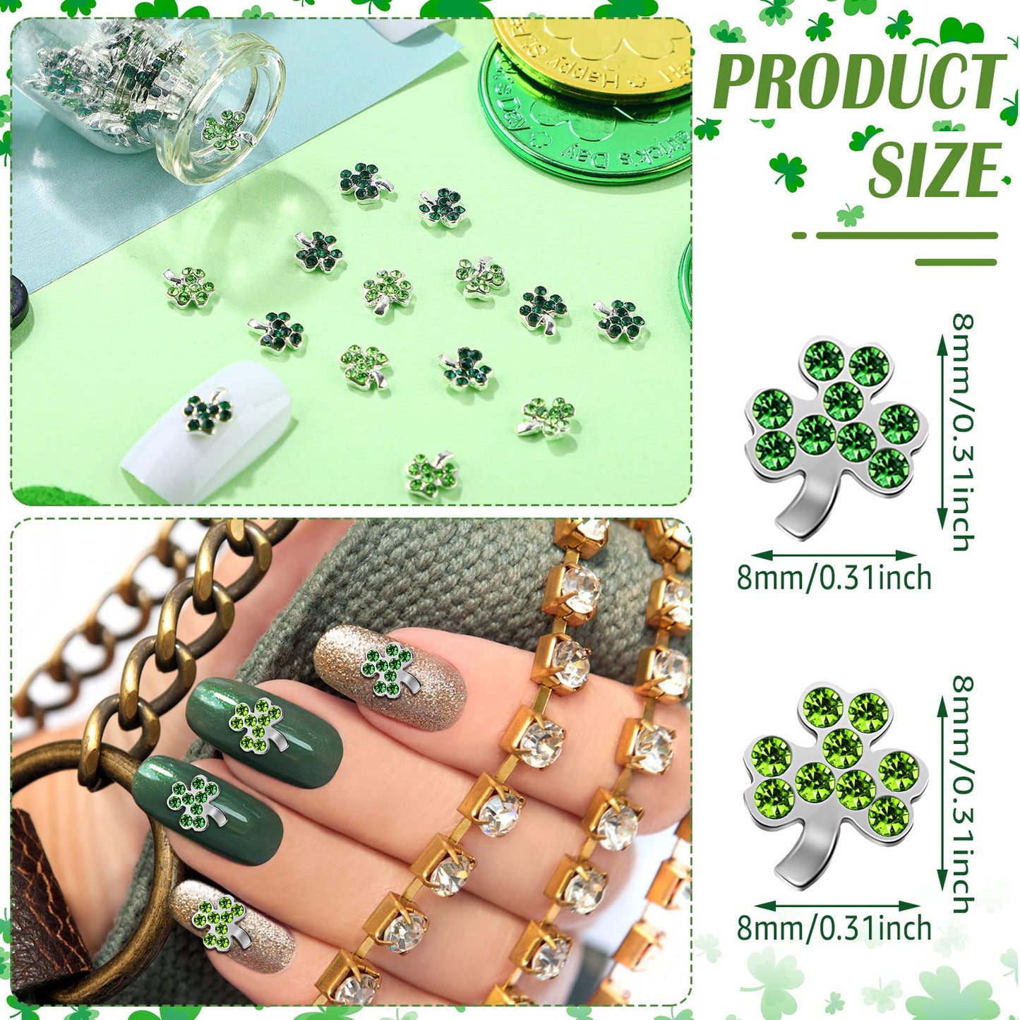36 Pcs St Patrick's Day Nail Charms for Nail Art, 3D Shamrock Rhinestone Decals Sticker Green Clover Crystal Charms Diamond Allo