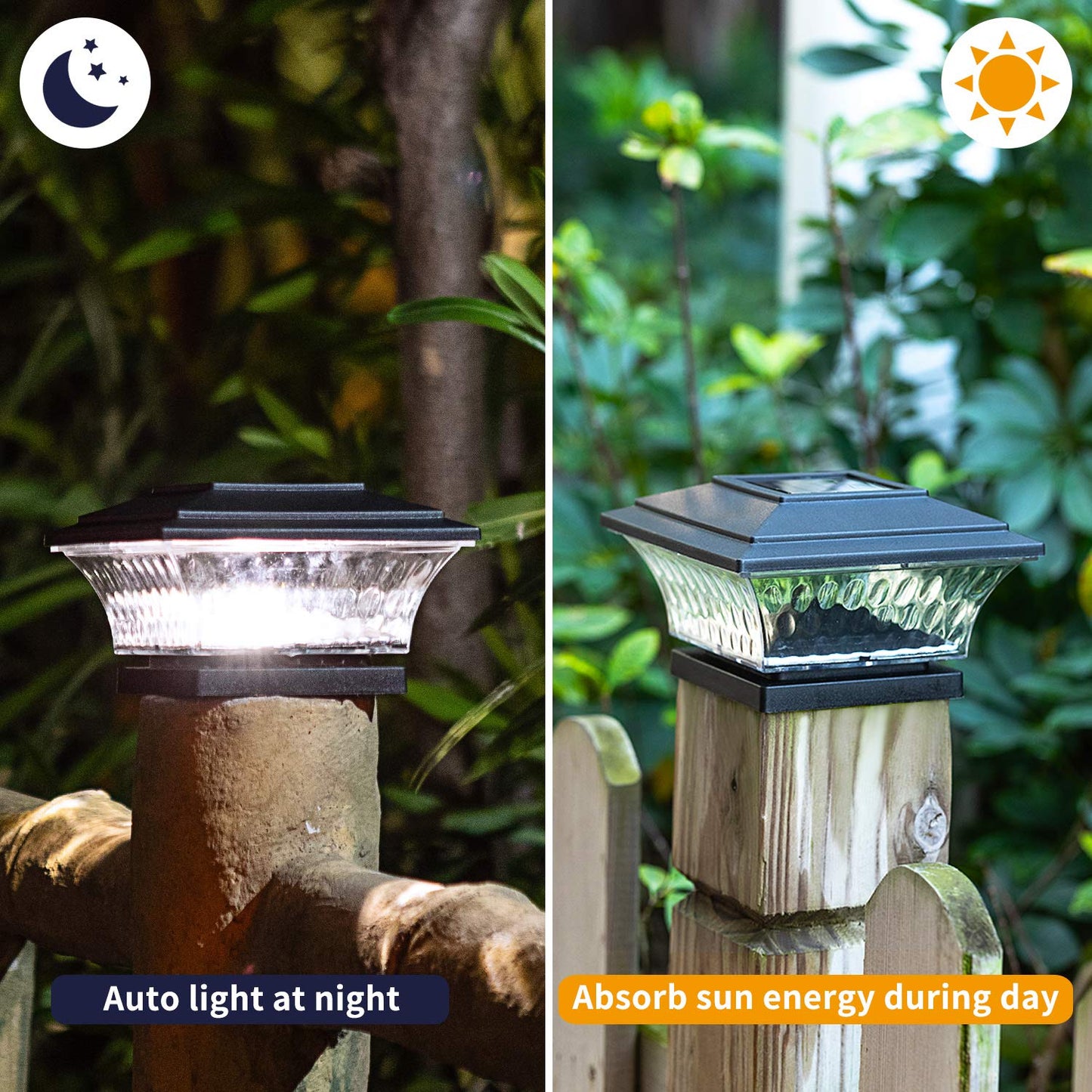 Huyieno Solar Post Cap Lights - 12Pk Led Outdoor Lighting, Warm White/Bright White, Black, Fits 4X4 Wooden Posts, Durable Plastic