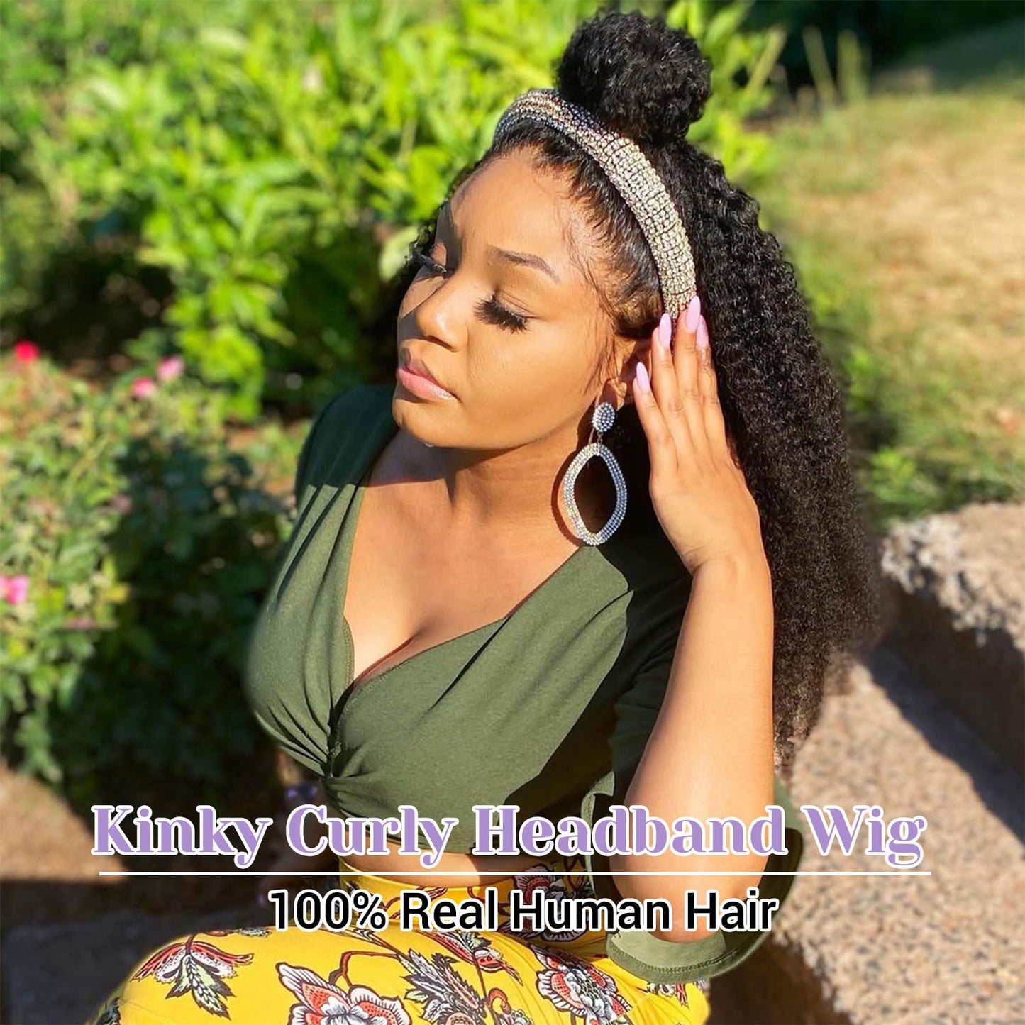 DSEKCAIN Kinky Curly Headband Wig Human Hair 22 inch 200 Density 100% Real Human Hair Curly Headband Wig No Glue No Sew In Gluel
