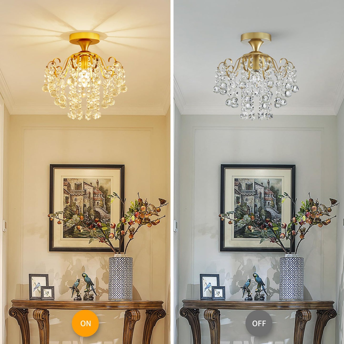 Wuzups Crystal Chandelier Flushmount Ceiling Light Modern Lighting Fixture For Bedroom Hallway Bar Kitchen Bathroom  H 13.4 X W 12.6  E26 Base  Gold