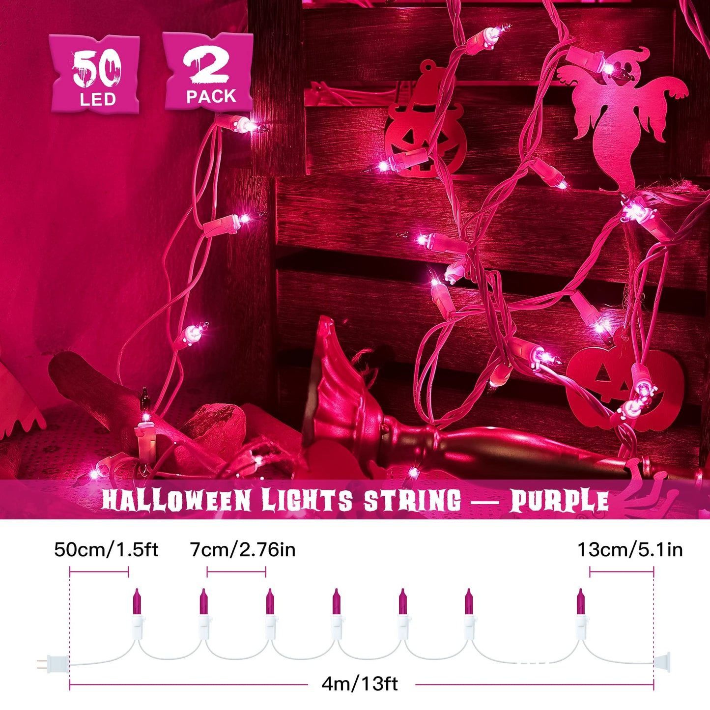 Hopolon 50-Count Purple Mini String Lights, 13Ft Indoor/Outdoor Holiday Decor, Copper Wire, 2Pack