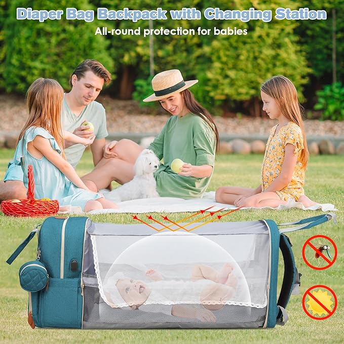 Diaper Bag Backpack, Large Diaper Bag with Changing Station, Baby Bag, New Mom Gifts, Lightweight Waterproof Unisex Diaper Bag with Insulated Pockets and USB Charging Port, Cyan