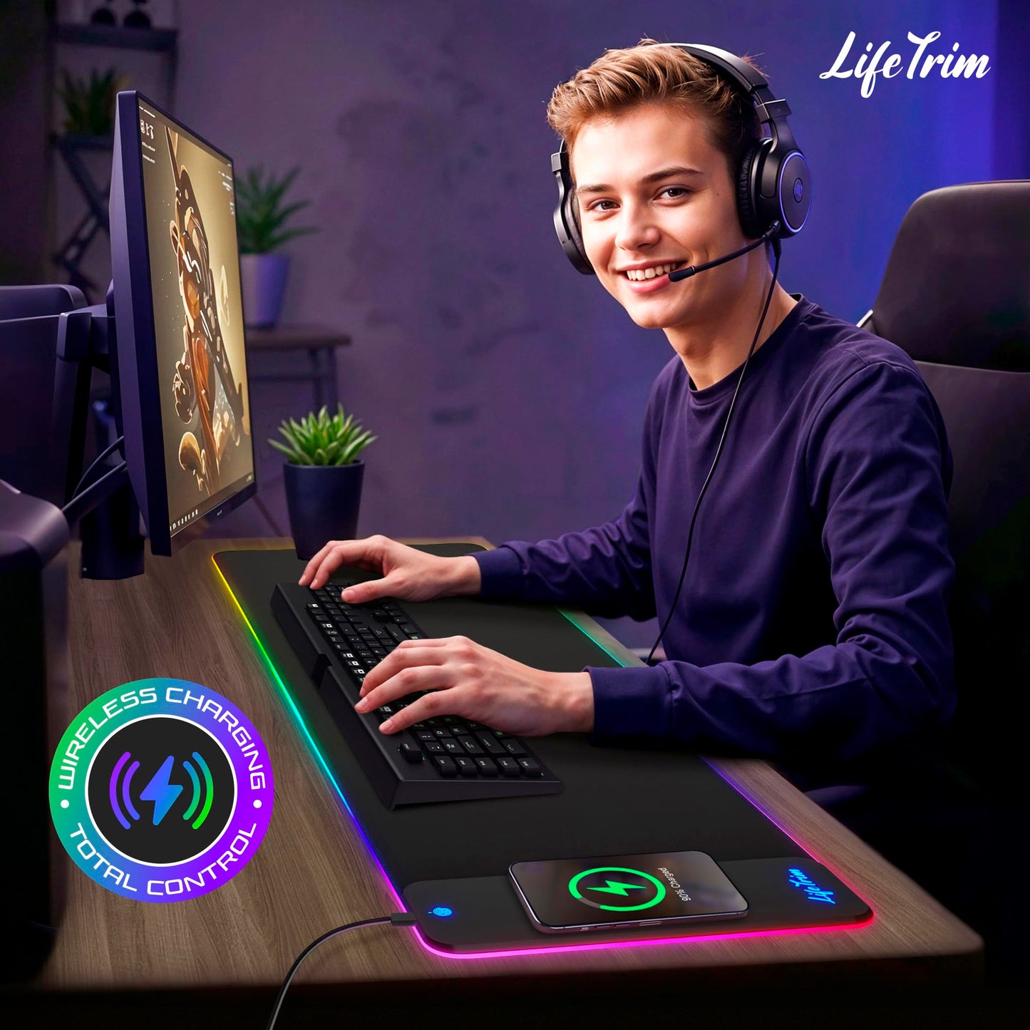 LifeTrim Wireless Charger LED Mousepad 35.5 x 12 Inch RGB Gaming Mouse Pad 10 Light Modes 4mm Thick Large Desk Pad Wireless Charging Cool Mouse Pad for PC Accessories & Gaming Gifts