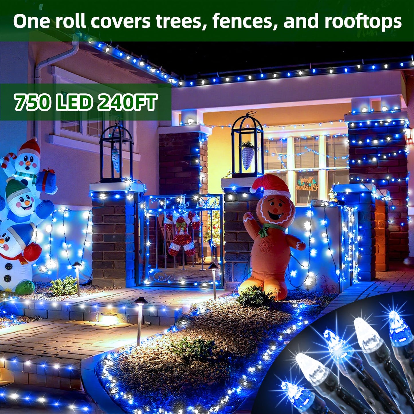 750 Led 240Ft Christmas Lights Outdoor 12 Lighting Modes Christmas String Lights With Timer  Dimmable Blue Cool White Led Stringlights Waterproof For Yard Wedding Party Holiday Decor Blue&Coolwhite