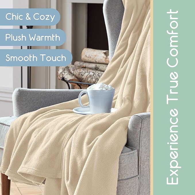 Twin Size Microfleece Blanket | Fleece Bed Blanket | All-Season Comfort| Supersoft Lightweight Throw Blanket | Plush Throw Blanket for Bed Couch or Sofa | Travel Blanket | Pet-Friendly | Ivory