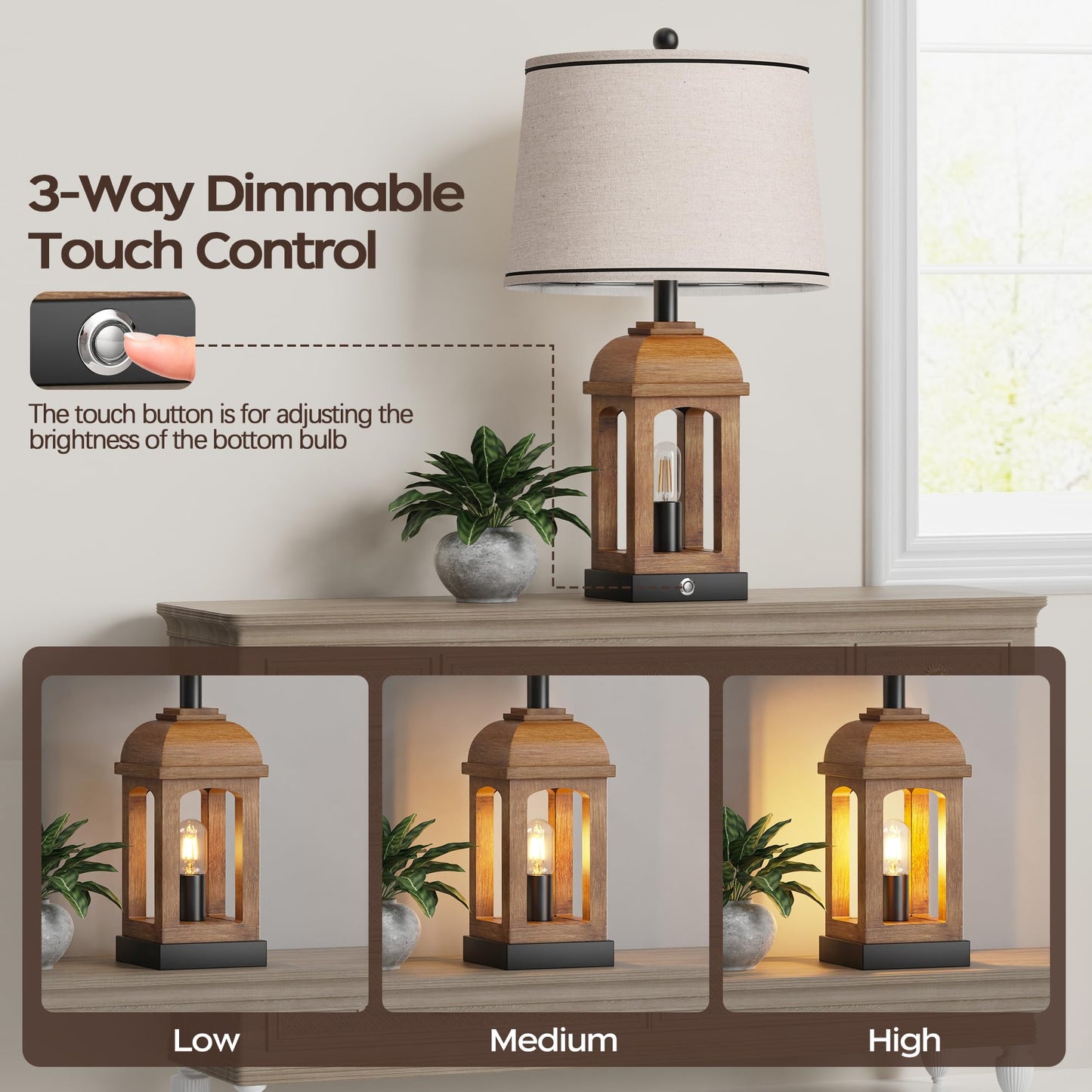 QiMH Table Lamp - Rustic 26in Nightstand Lamp with 3-Way Dimmable Touch Control, USB A+C, Wood Grain, 1 Pack