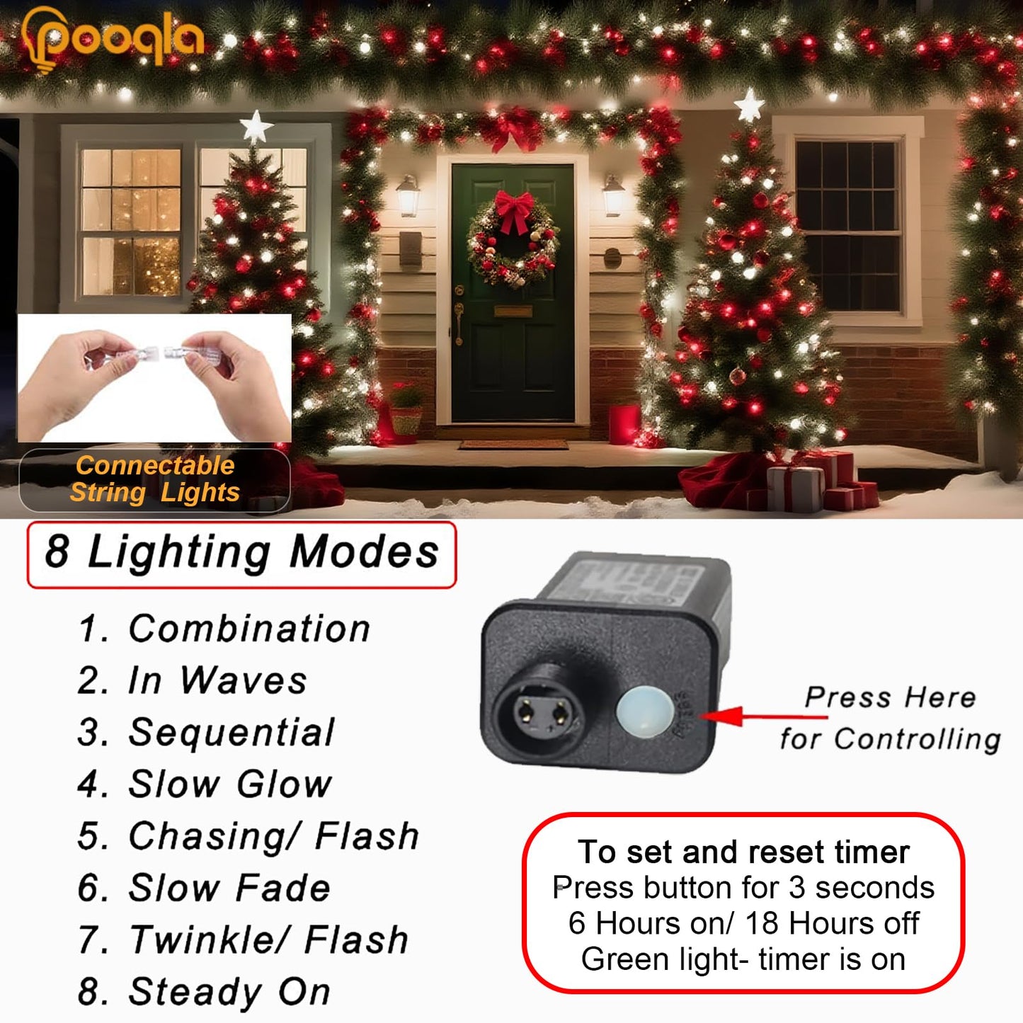 Pooqla Christmas String Lights, 66 ft, 200 LED, Clear Wire, 8 Modes, Red and White
