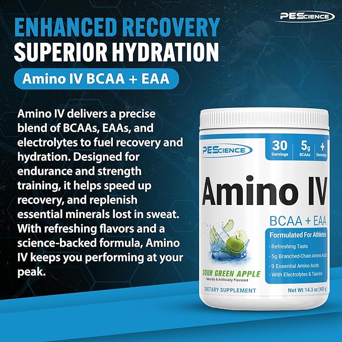 PEScience Amino IV BCAA & EAA Powder, Sour Green Apple, 60 Scoop, Essential Amino Acids, Taurine, Electrolytes for Hydration and Muscle Recovery, Sugar Free for Men & Women, Post Workout