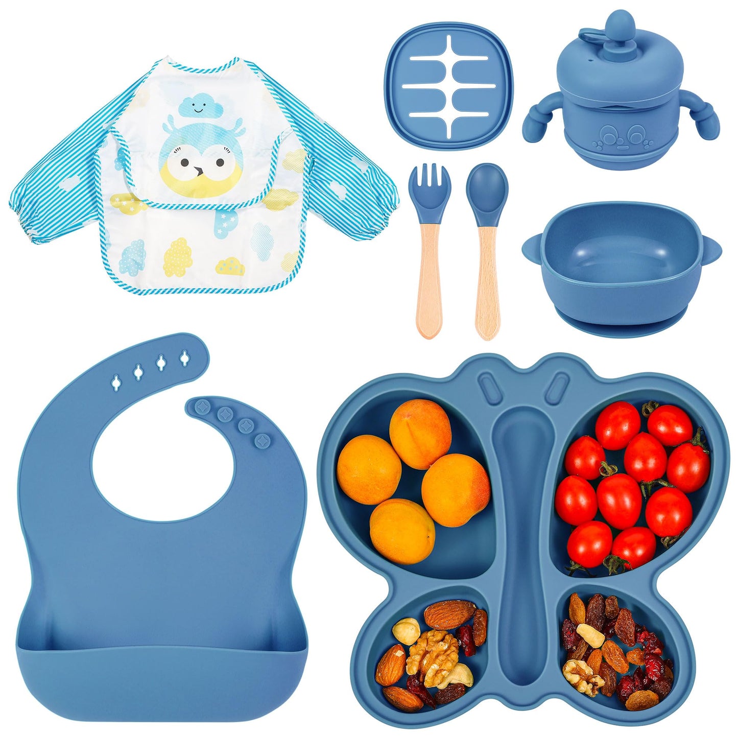 Silicone Baby Feeding Set, Baby Led Weaning Supplies, Silicone Suction Butterfly Plate, Bowl, Spoons, Fork and Waterproof Bib & Cloth Bib, Eating Utensils Baby Feeding Essentials (Blue)