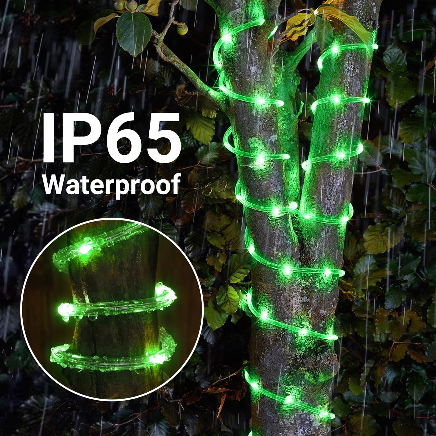 Jnaurb Solar Rope Lights, 66ft 200LED Waterproof Outdoor String Lights, Flexible Clear Tube, Green