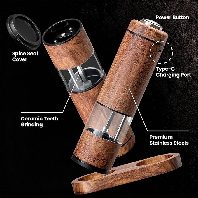 Rechargeable Electric Salt and Pepper Grinder Set – Automatic Salt and Pepper Shakers with Wood Base, Adjustable Coarseness, LED Light, One-Hand Operation Salt and Pepper Shakers Set
