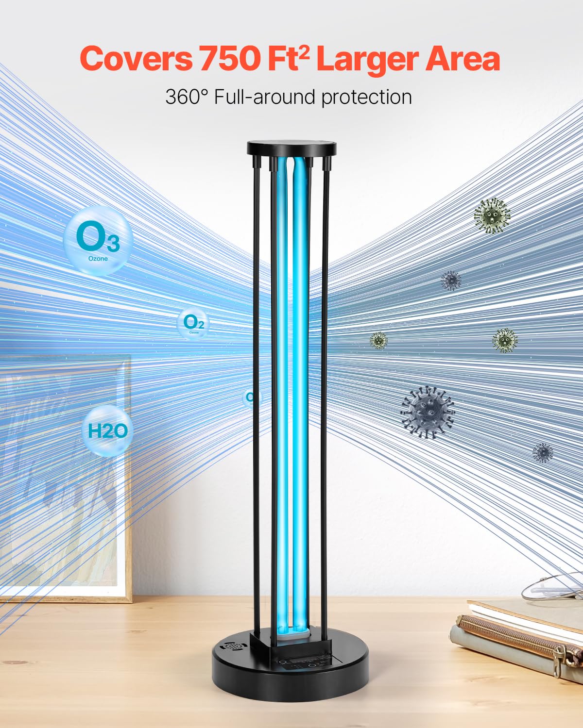 VEVOR UV Light 55W Ultraviolet Lamp with Ozone Purifier, 30/60/120 Min Timer, Remote Control, Black, Model US-007/55W