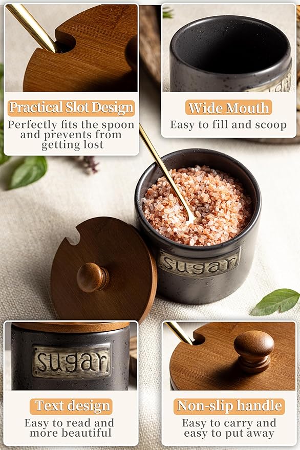 LYEOBOH Black Sugar Bowl with Lid and Spoon, 15 Oz Farmhouse Sugar Container Holder for Coffee Bar Accessories, Food Storage Containers - Modern Kitchen Decor Housewarming Gift