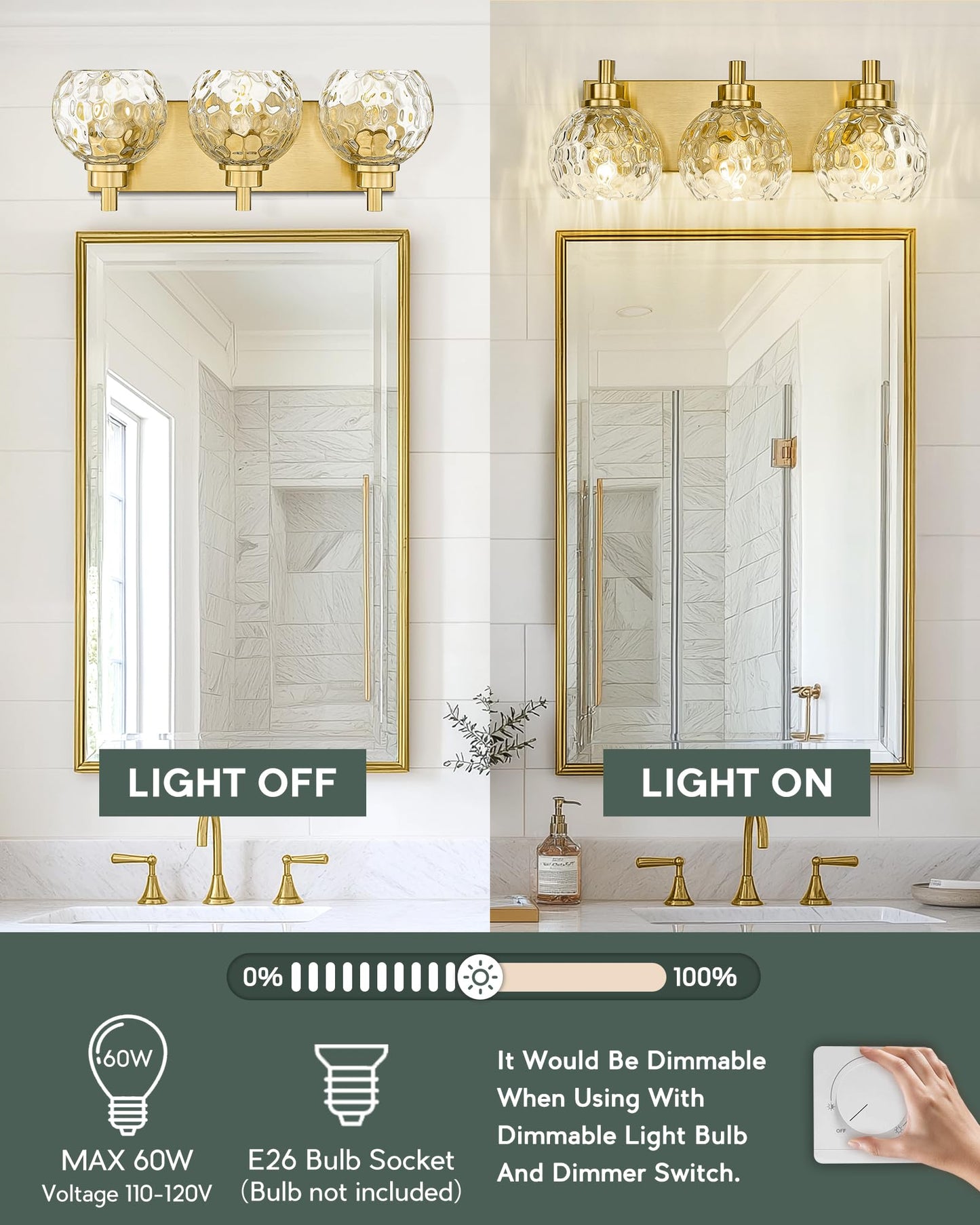 Metwet Bathroom Light Fixtures Over Mirror  3-Light Brushed Gold Vanity Light With Clear Hammered Glass Globe Shade  Modern Sconces Wall Lighting Bedroom Hallway  Vl200-Bg-3