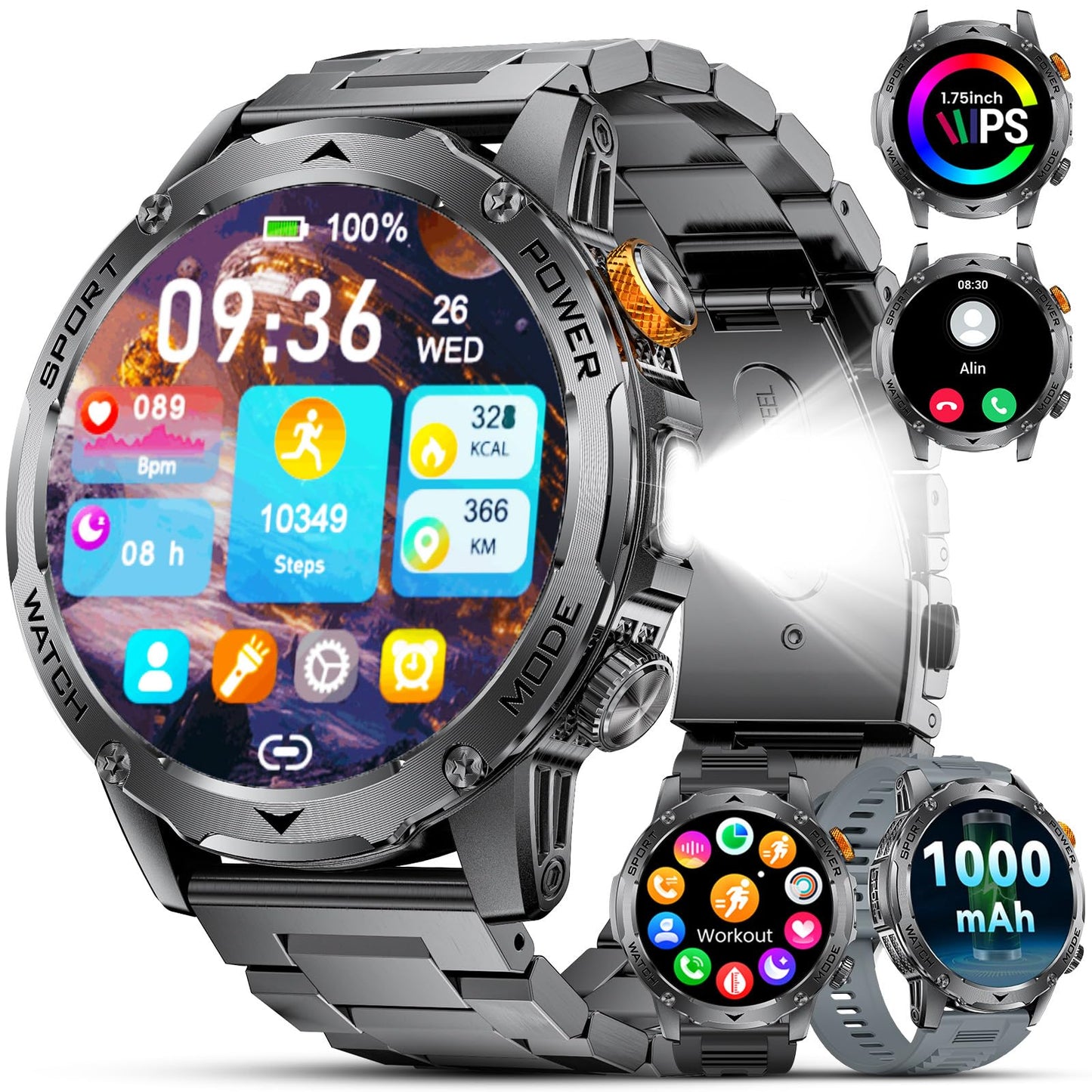 BENYAR SMART Military Smart Watches for Men(3 Bands),1000mAh/1.75" HD Large Screen Smartwatch, Flashlight/110+ Sports Modes/IP68 Waterproof/Sleep Monitor Fitness Tracker Watch for Android IOS,Gunmetal