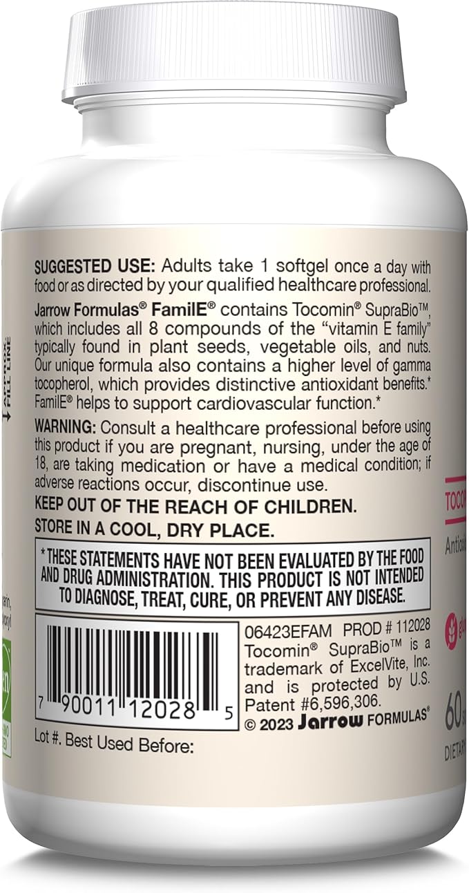 Jarrow Formulas® FamilE®, Tocopherol + Tocotrienol Complex, Dietary Supplement, Antioxidant Cardiovascular Support, 60 Softgels, 60 Day Supply
