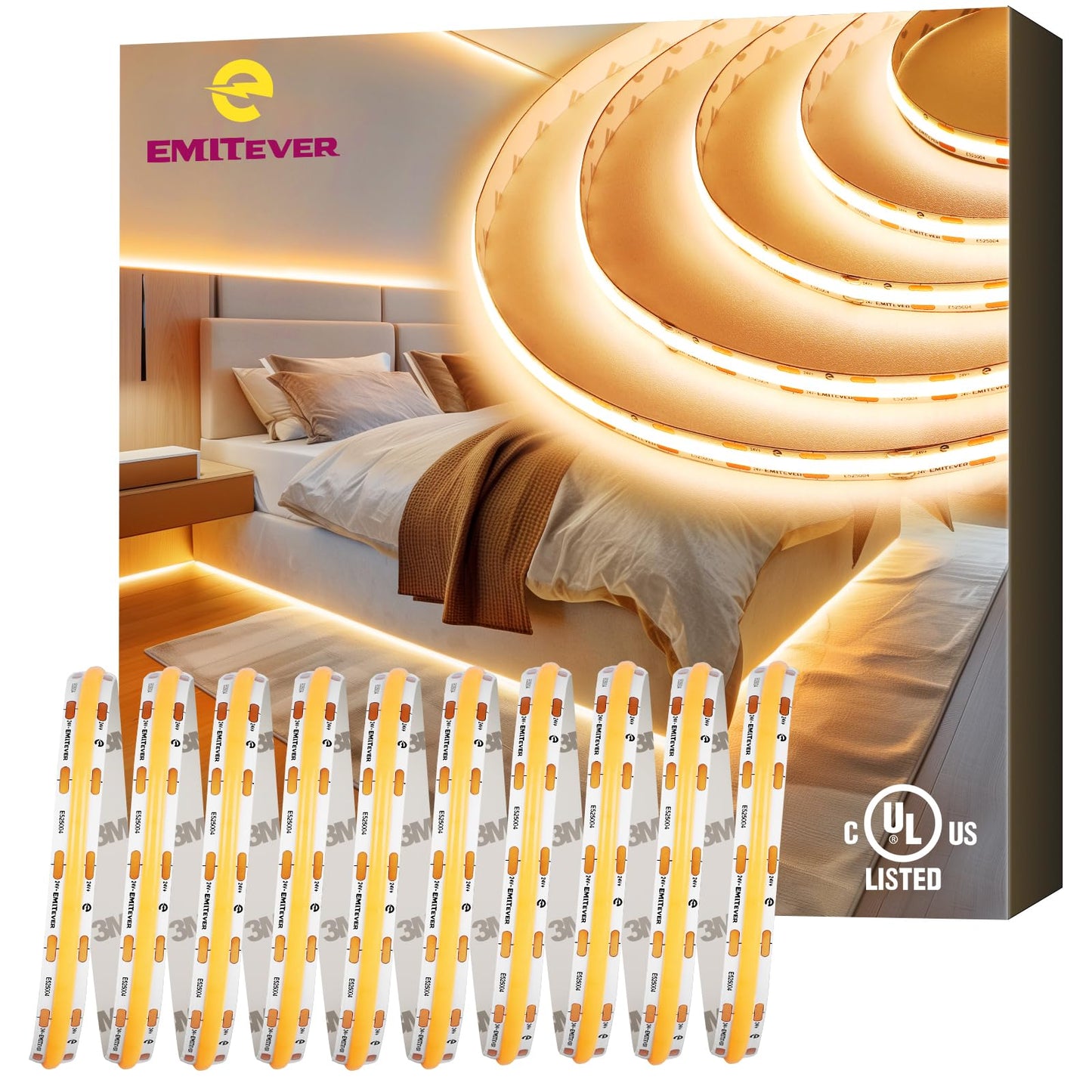 EMITEVER COB LED Strip Lights Warm White, 24V 2700K Tape Light Premium High Density 25ft, 300+Lumens/ft, 3600LEDs/Spool, Ra 90+, 3W/ft, UL Listed 5 Year Warranty (Power Supply Sold Separately)