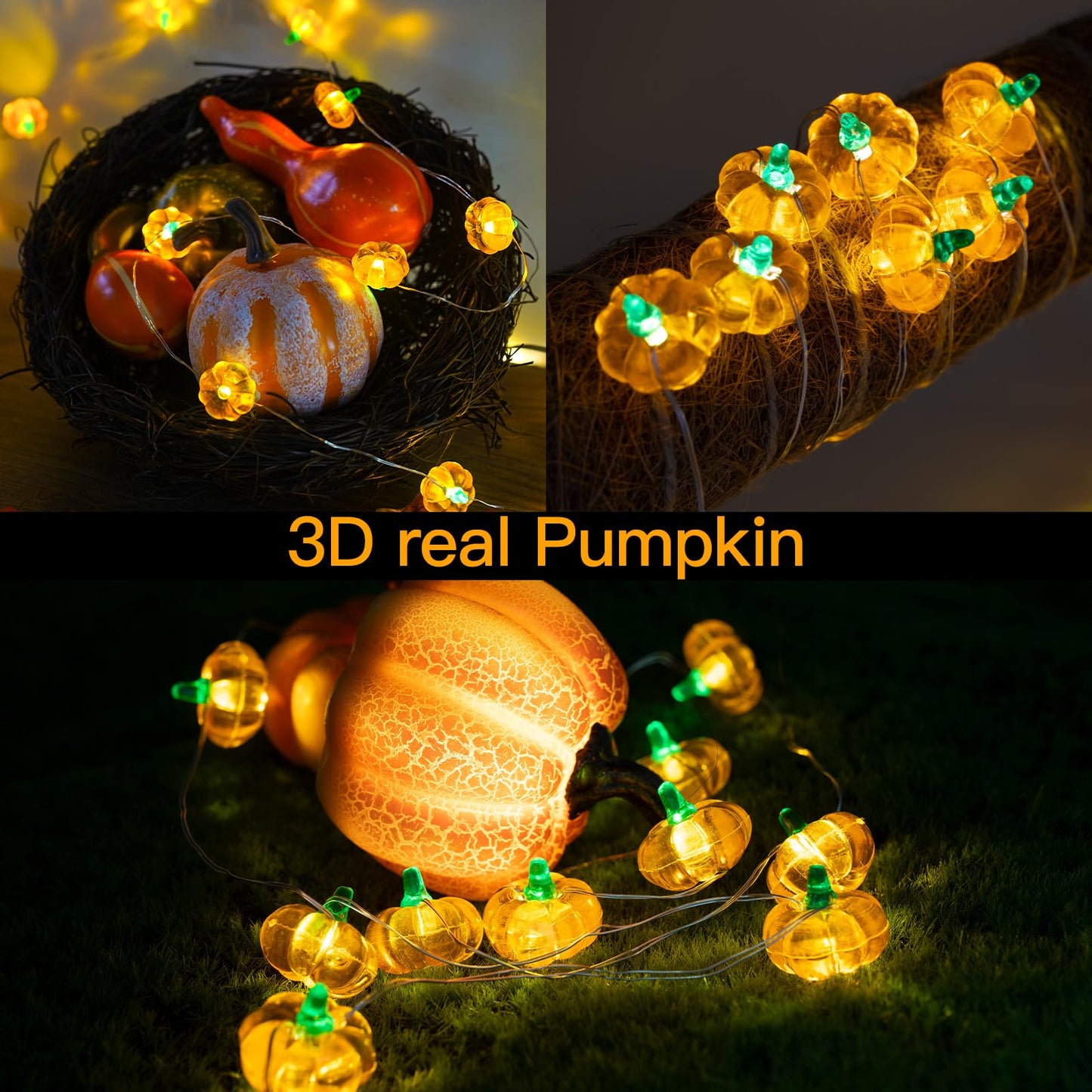 suddus Thanksgiving Lights - 40 LED Battery Operated Fairy Lights, 12.8 Ft, Orange Tiny Pumpkin, 8 Modes for Indoor Decorations