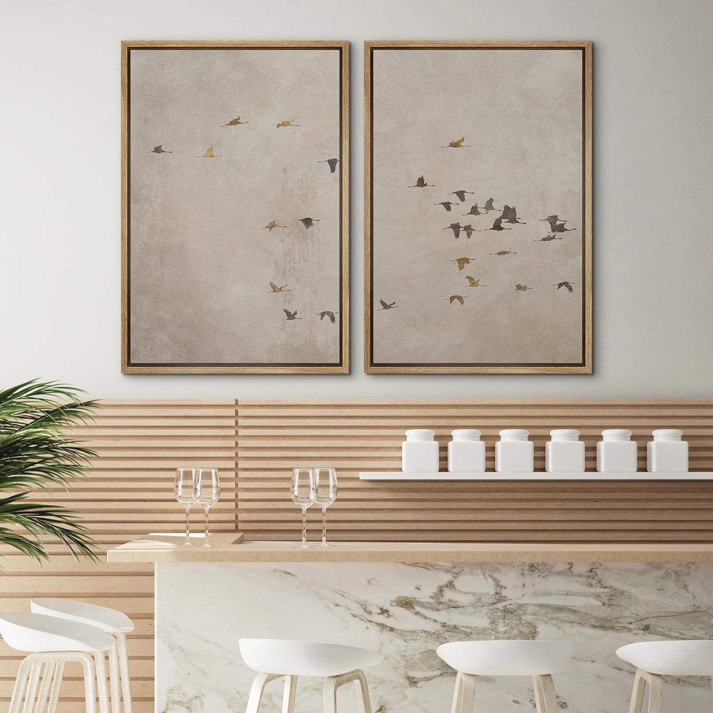 SIGNWIN Framed Canvas Print Wall Art Set Flying Birds Silhouette Minimalist Beige Illustrations Modern Minimal Decorative for Living Room, Bedroom, Office - 24"x36"x2 Natural
