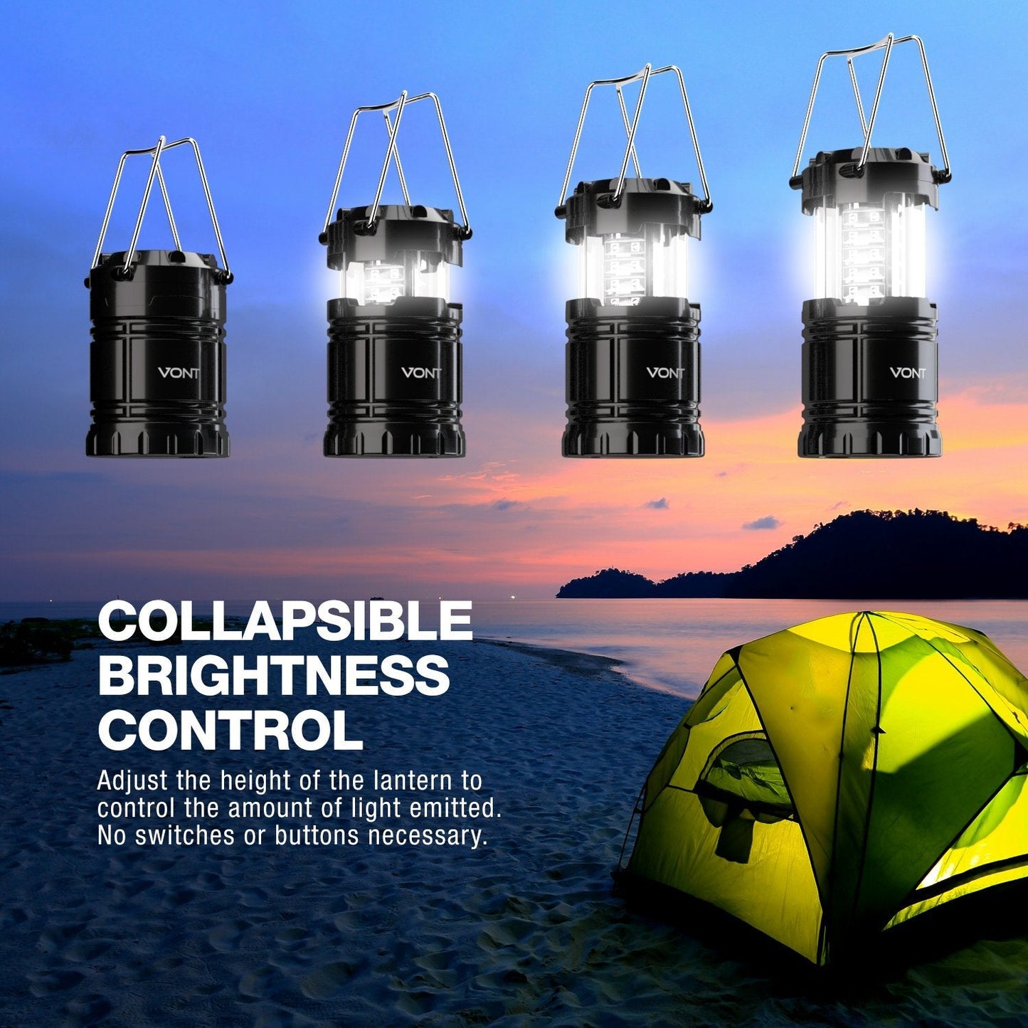 Vont Led Camping Lanterns 2 Pack - Super Bright, Portable, Abs, Black, Model Vnt-Cl02, Ideal For Emergencies And Outages