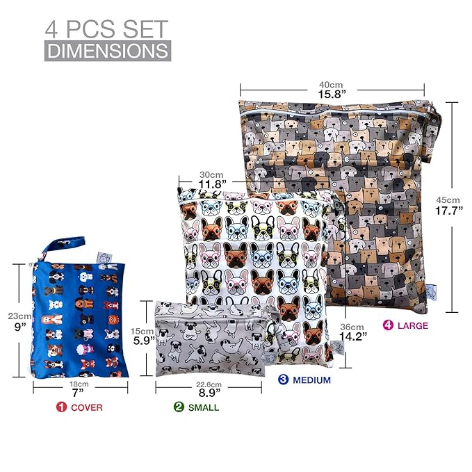 FLOCK THREE 4pcs Waterproof Wet Bag Reusable for Wet Clothes Baby Diapers Stroller Swimsuit Travel Reusable toiletries Pouch Small and Larger Electronics case 4 Pack (Cute Dog)
