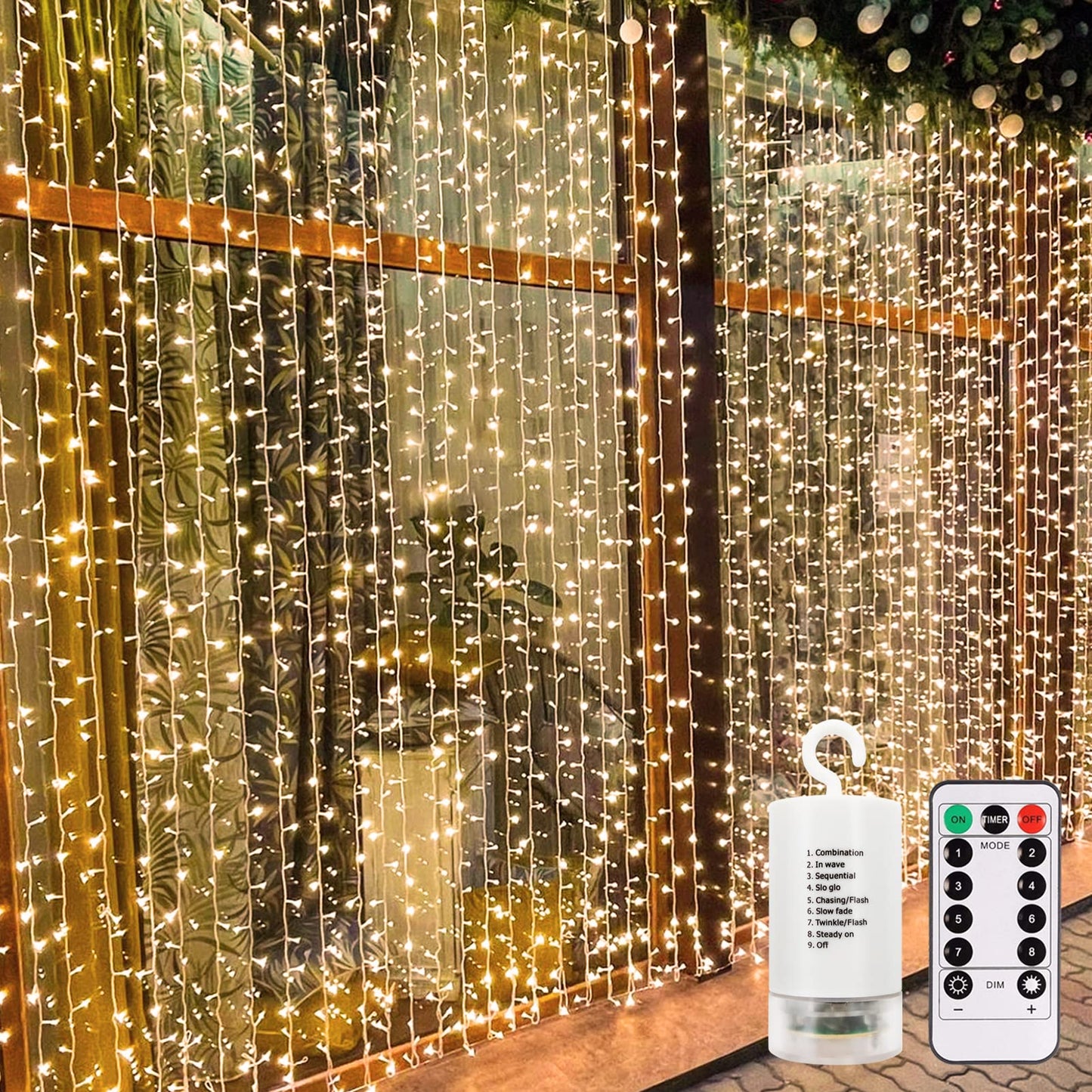 Echosari 300 Led Curtain Lights, 9.8Ft×9.8Ft, Battery Operated, Warm White, Remote Timer For Bedroom, Patio, Wedding Decor
