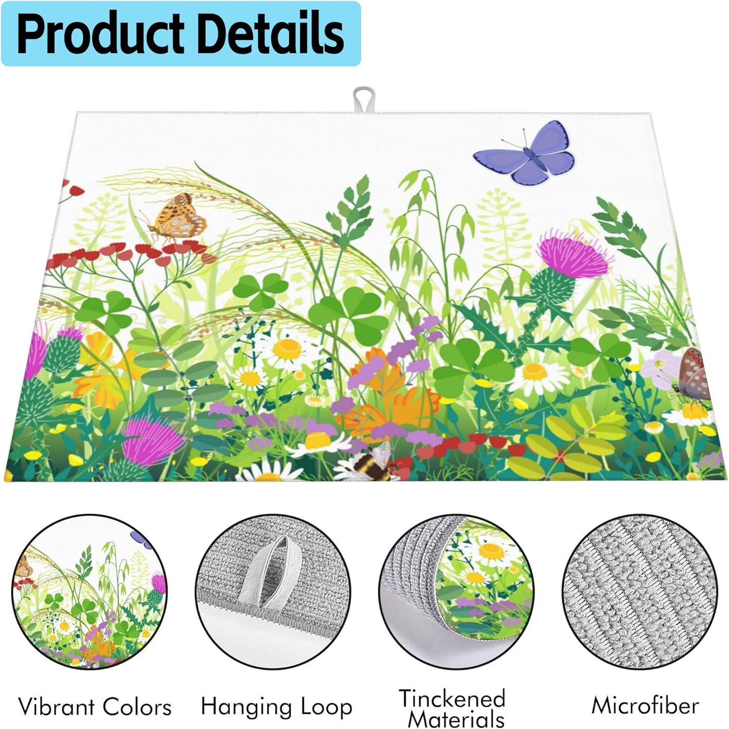 Large Dish Drying Mat for Kitchen Counter,18"X24" Meadow Plants Flowers and Butterflies Absorbent Reversible Microfiber Dish Drying Mat Dish Drainer Mat,Drying Pad for Kitchen Countertop Coffee Bar