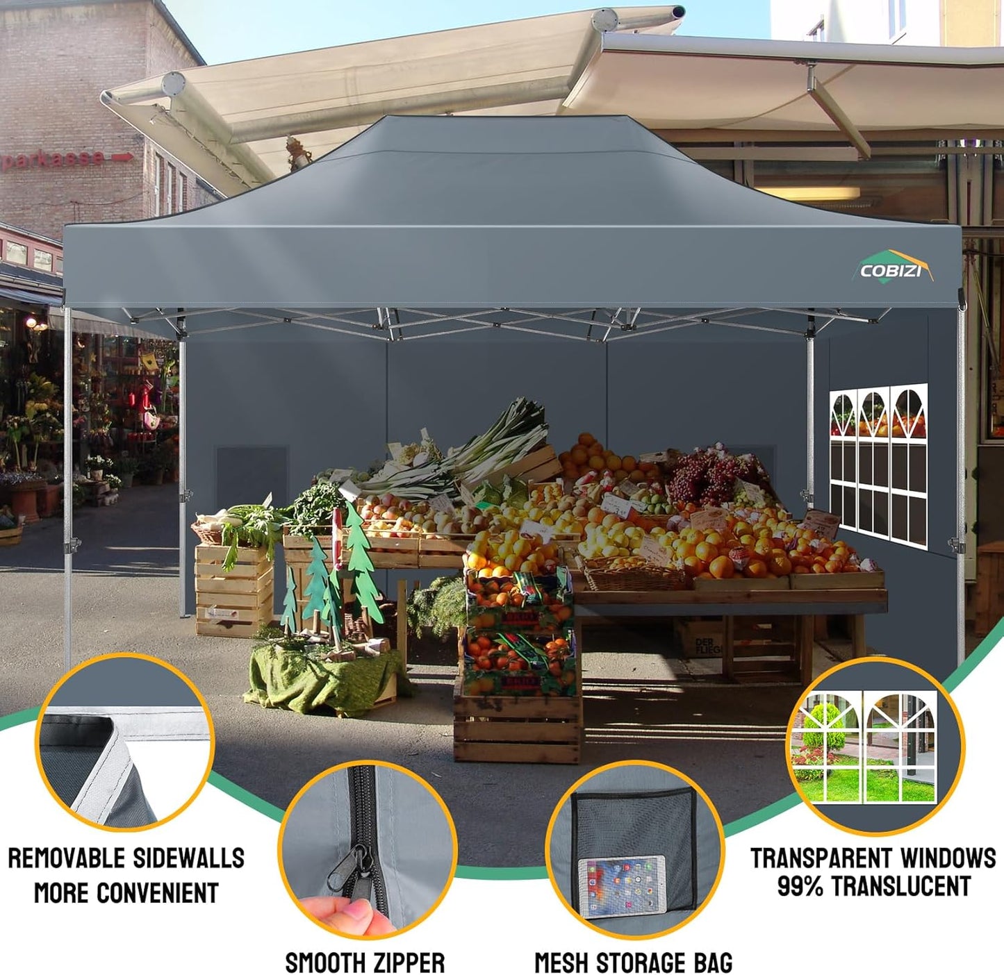 COBIZI 10x15 Pop up Canopy Heavy Duty with 4 Sidewalls, Easy Set-up Commercial Outdoor Party Canopy, 100% Waterproof Wedding Gazebo, 3 Height Adjustable with Handbag, Gray