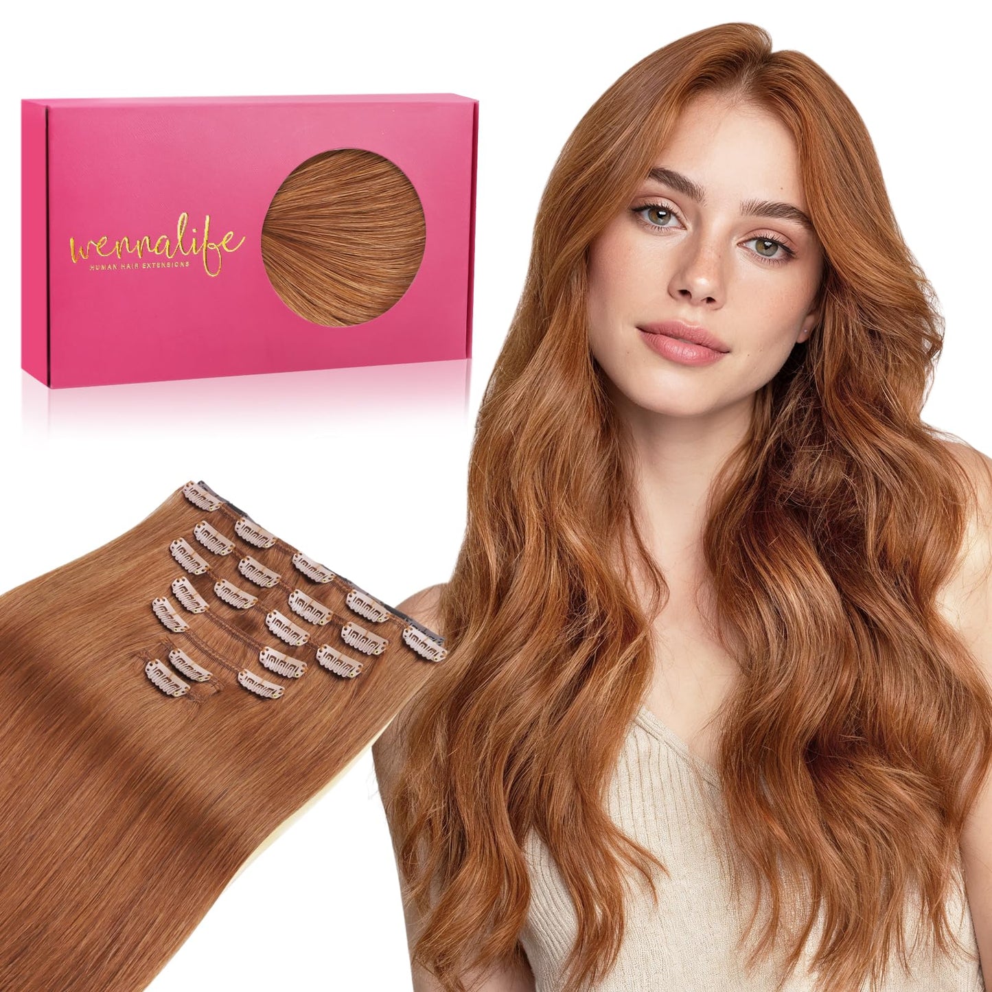 WENNALIFE Clip in Hair Extensions Real Human Hair, 18 Inch 120g 7pcs Cinnamon Terra Copper Remy Hair Straight Natural Extensione