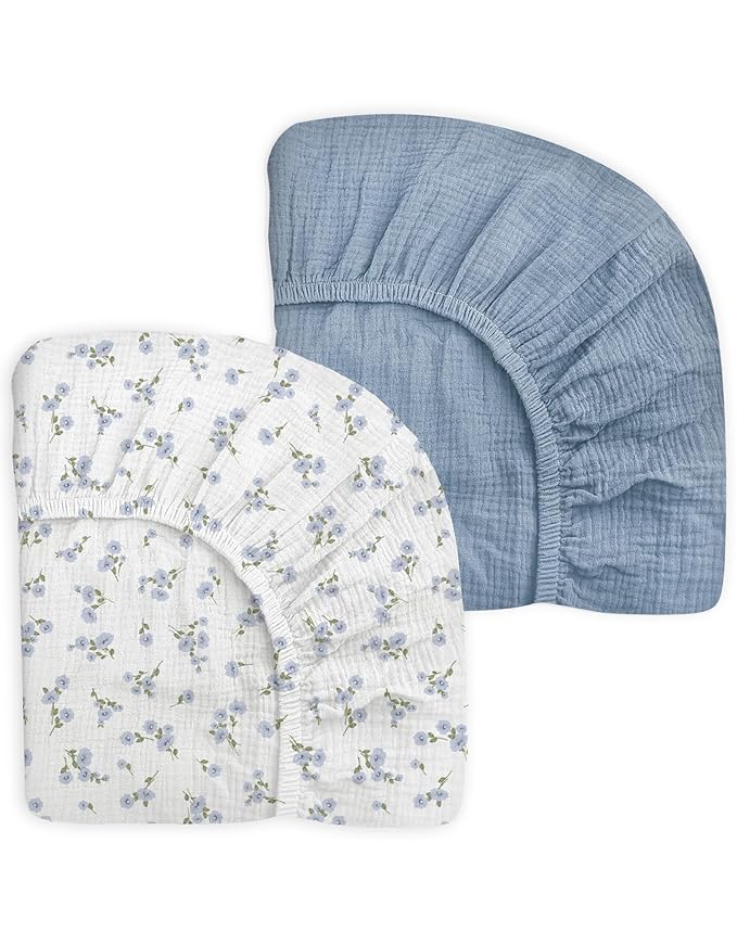 Crib Sheets for Baby Boy Girl 2 Pack, Fitted Crib Mattress Sheet 28" x 52", Muslin Toddler Bedding with Neutral Style, Nursery Bedding Essentials (Bluebell Bloom & Light Blue)