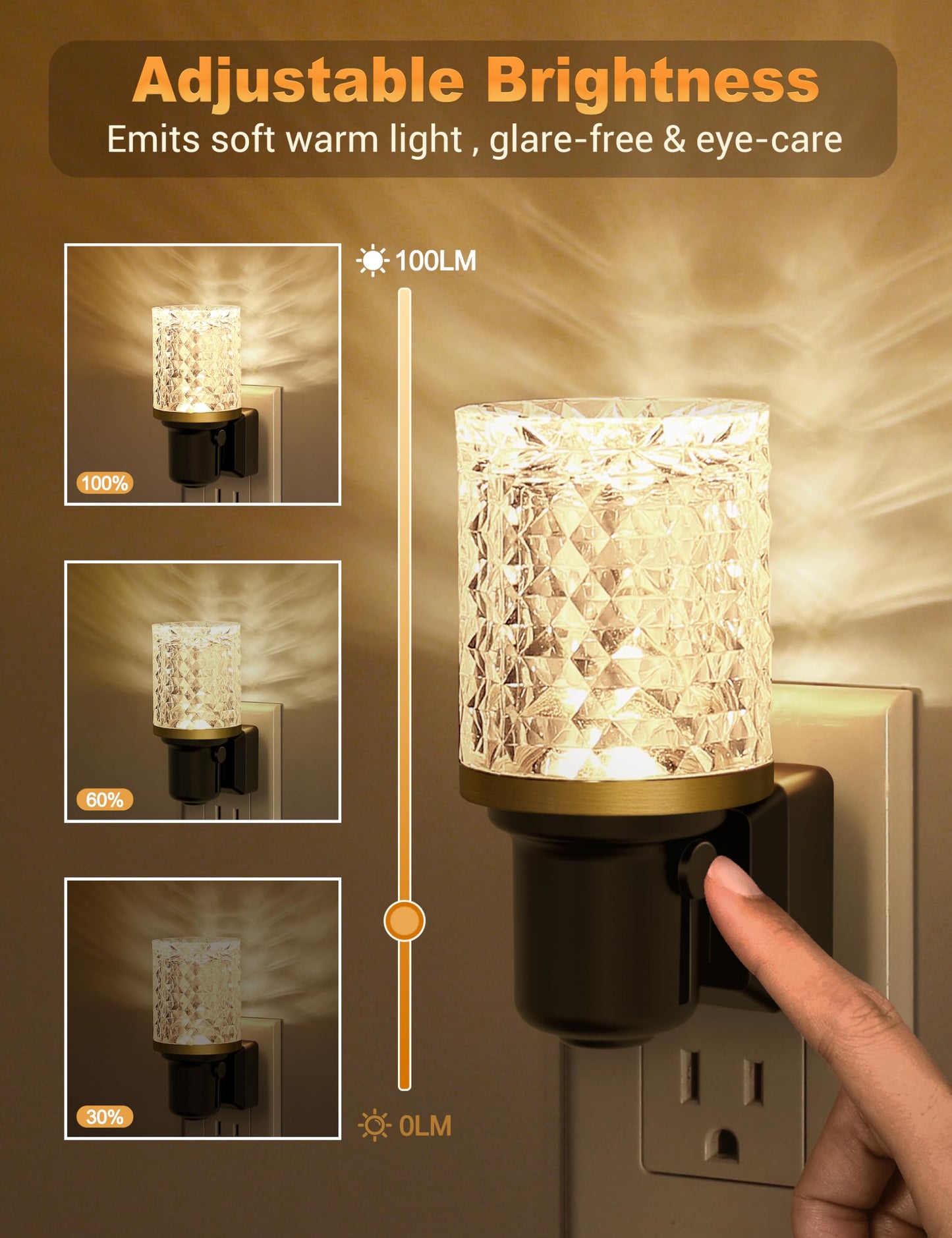 JandCase LED Night Light Dimmable Wall Plug 3000K Soft White 0-100LM 2 Pack Crystal - Warm