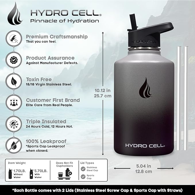 HYDRO CELL Stainless Steel Insulated Water Bottle with Straw - For Cold & Hot Drinks - Metal Vacuum Flask with Screw Cap and Modern Leakproof Sport Thermos for Adults (Graphite/Black 64oz)