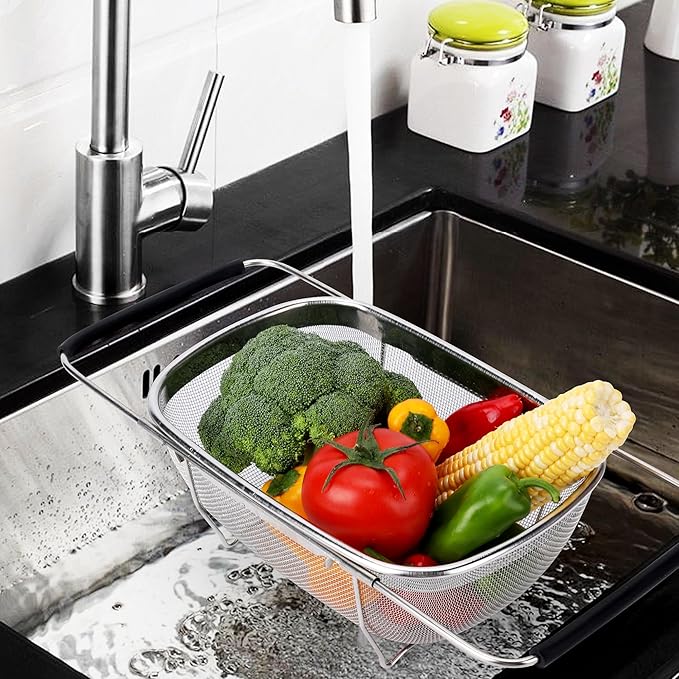ZDRongZhen Kitchen Accessories Over the Sink Colander Strainer Basket，Stainless Steel Colander with Expandable Rubber Grip Sink Drainer-Rinse Vegetables Fruits &Strain&Drain (Medium-Fine mesh)