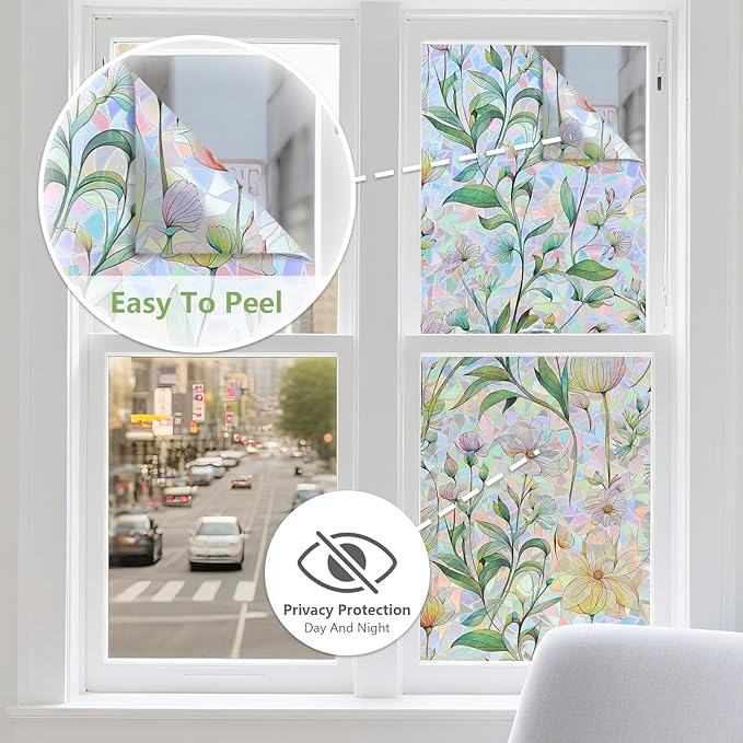 FINNEZ Window Privacy Film Stain Glass Film Flowers Rainbow Window Film Window Clings Non-Adhesive Reusable Decorative for Home（Forest Rainbow，17.5 Inch x 13.1 Feet）