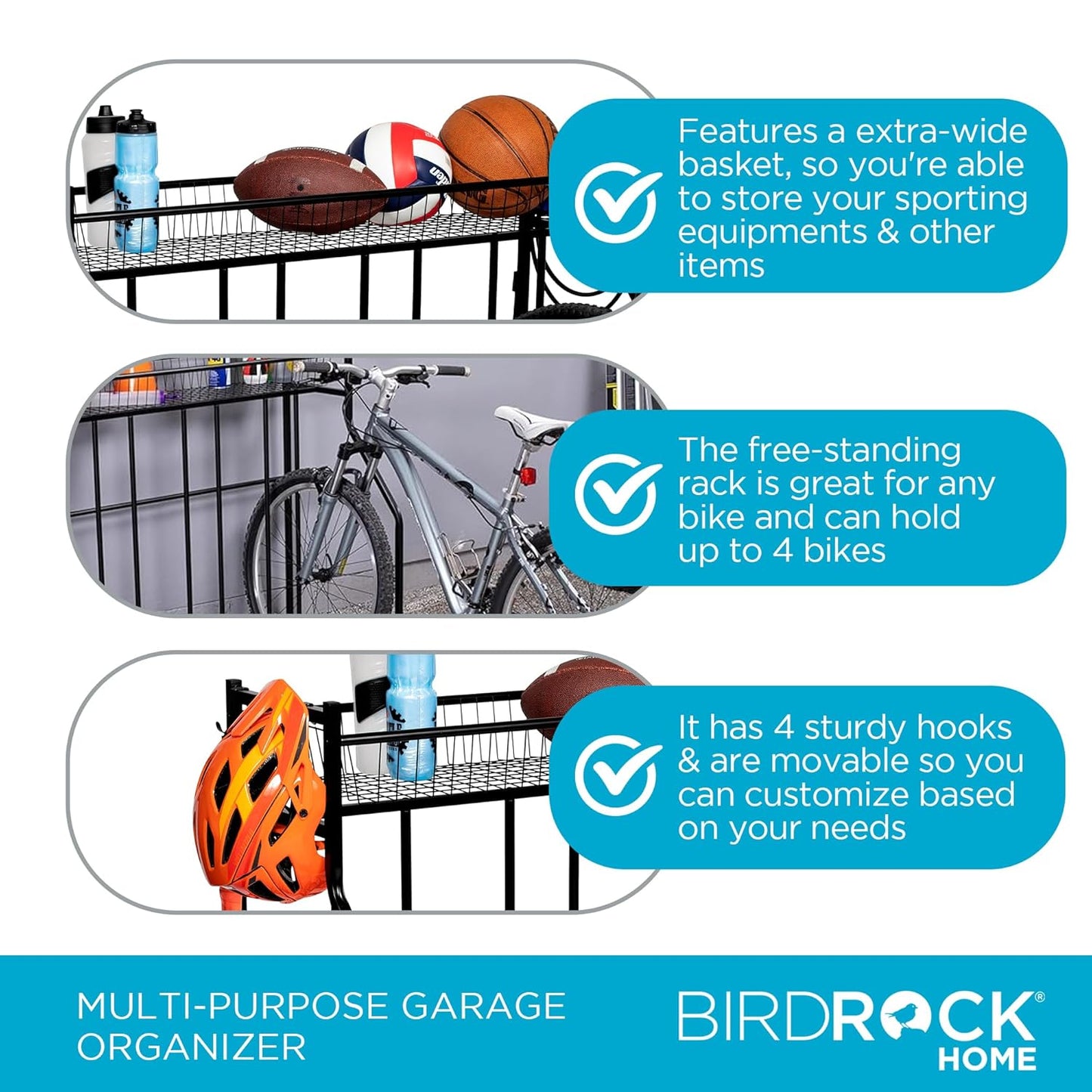 BIRDROCK HOME Bike Rack Garage Storage Floor Stand - Freestanding Organizer for Outdoor Yard - Upright Wall Mount for Scooters, Rakes, Motorcycles, Hoverboards, Gloves - Holds 4 Bicycle - Black