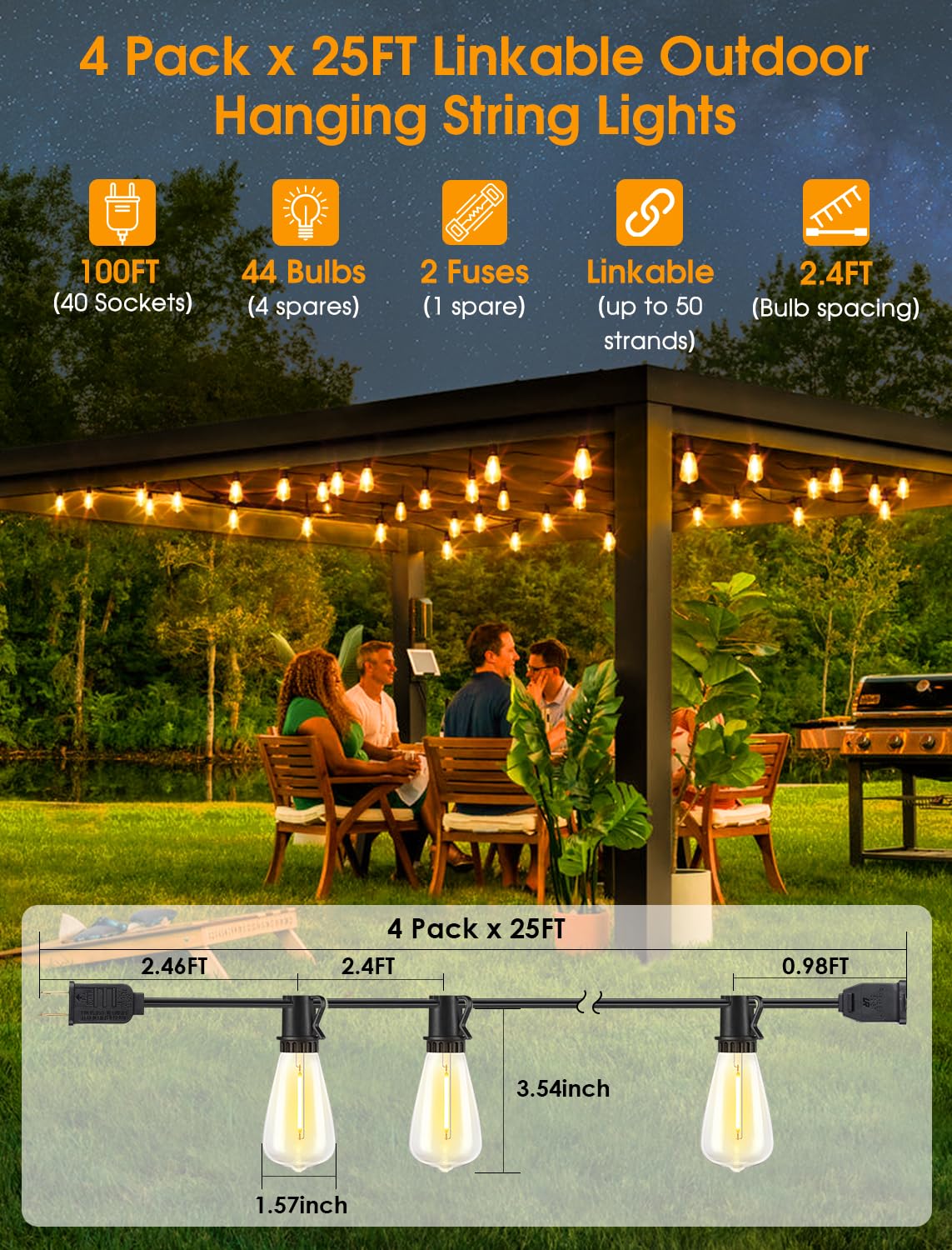 Larkvue Outdoor String Lights, 100FT (4x25FT), 40+4 LED Dimmable Waterproof ST38 Edison Bulbs, Black, Model GLS-20J2P-E