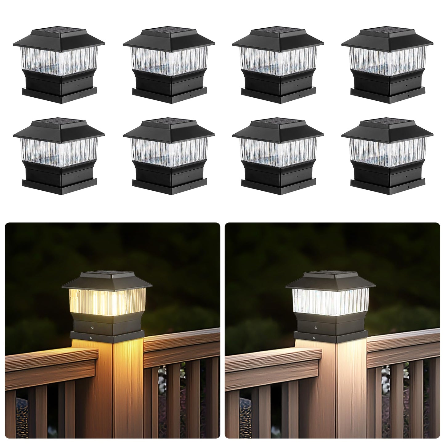MOON-DE-AGE Solar Post Cap Lights, 50 Lumen, Waterproof, 8 Pack, Warm Black, Fits 4x4, 3.5x3.5, 4