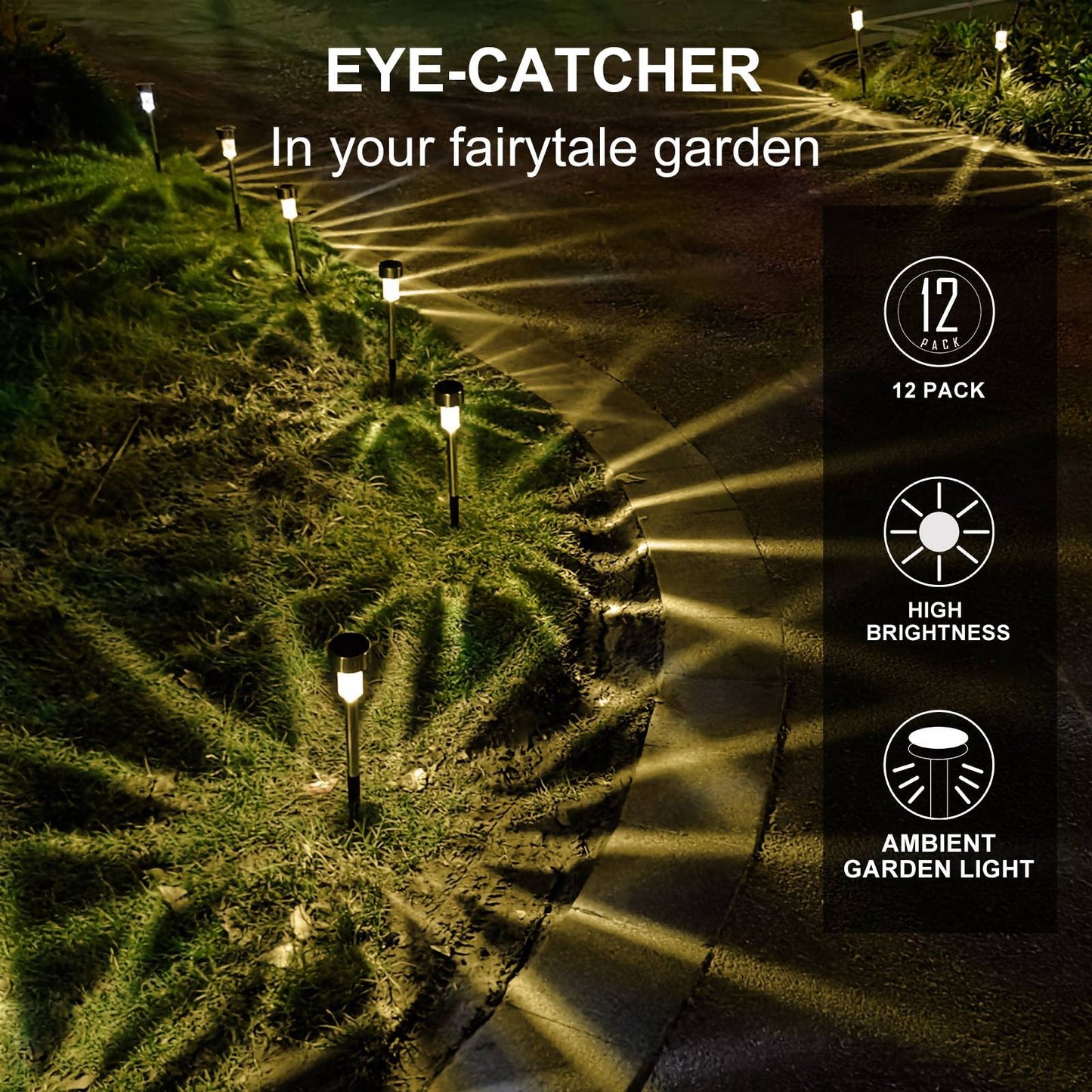 Dream Master Solar Lights - 12 Pack LED Landscape Lighting, Stainless Steel, Waterproof, Warm White for Pathway, Patio, Yard