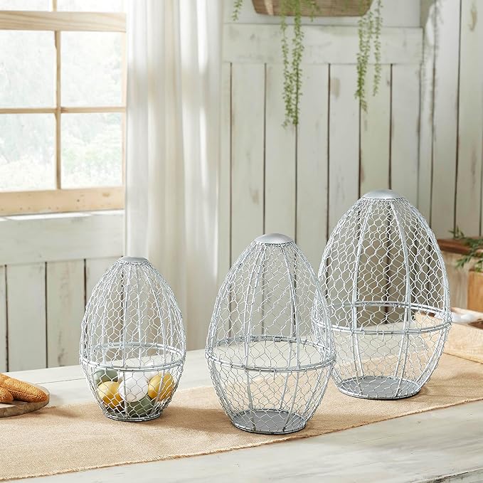 VHC Brands Bunny Hop Chicken Wire Egg Shaped Baskets Set of 3 Sizes