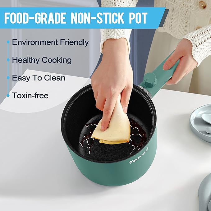 Topwit Hot Pot Electric with Steamer, 1.5L Ramen Cooker, Non-Stick Sauté Pan, Portable Cooking Pot, Electric Cooker with Dual Power Control, BPA Free, Over-Heating & Boil Dry Protection, Green