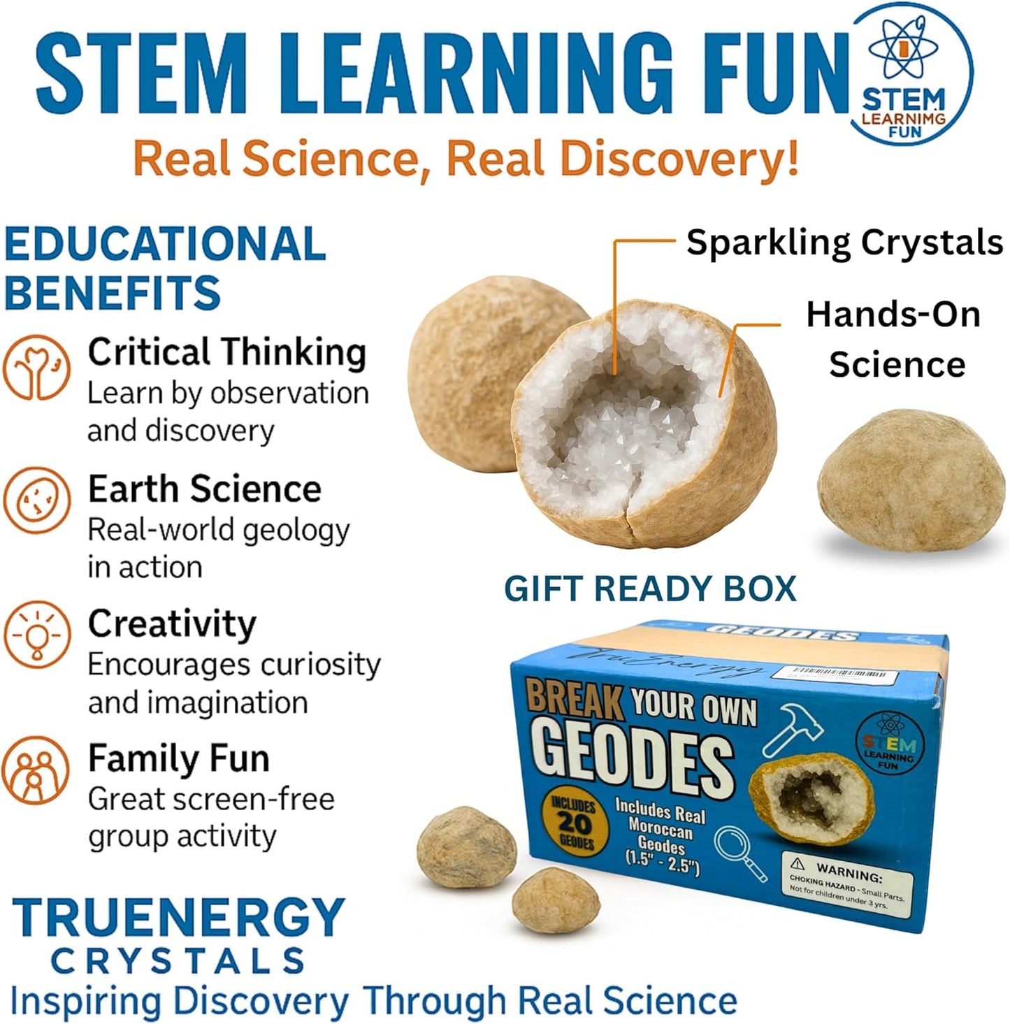 Break Your Own XL Geodes Kit for Kids – 3–4 Large Natural Crystal Geodes (3.5–4.5”) with Magnifying Glass & Learning Guide – STEM Science Rock Kit – Gift-Ready Educational Set for Kids Ages 6–12